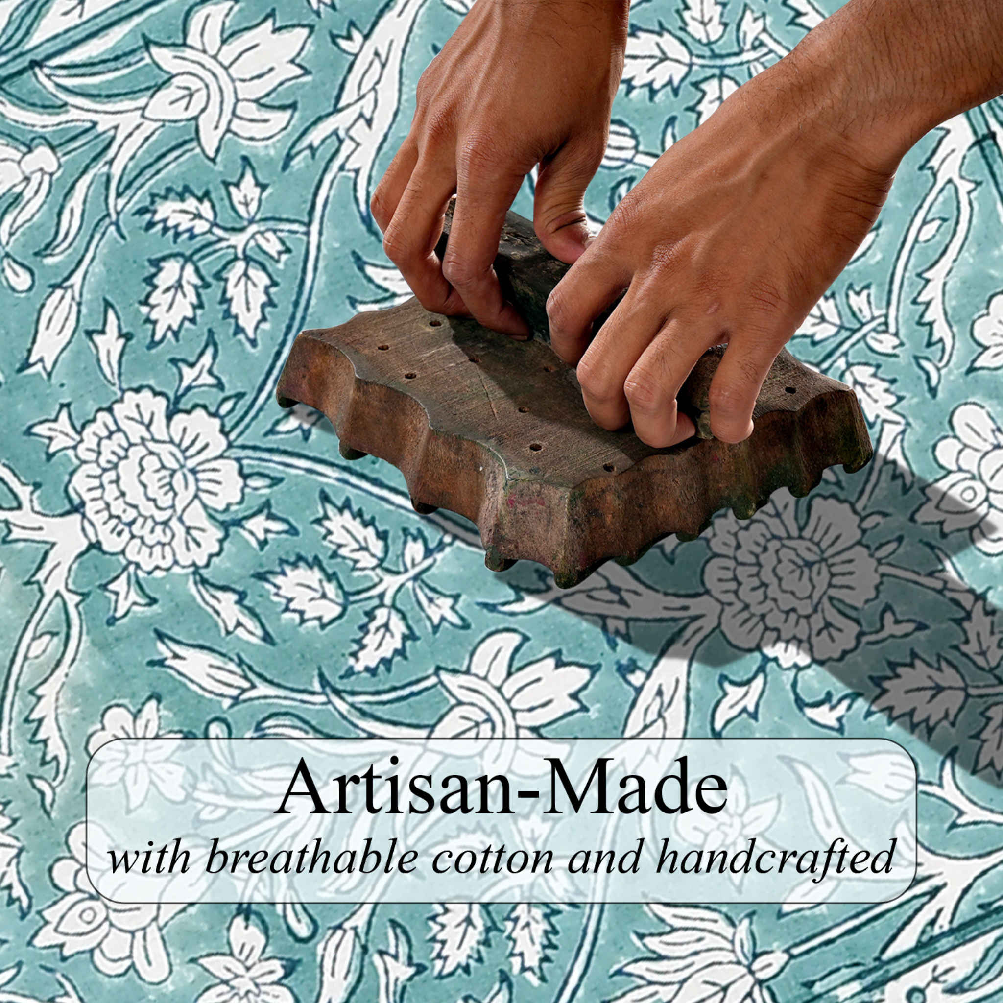 Wooden stamp being used on fabric with floral pattern, text 'Artisan-Made' and 'with breathable cotton and handcrafted' displayed.