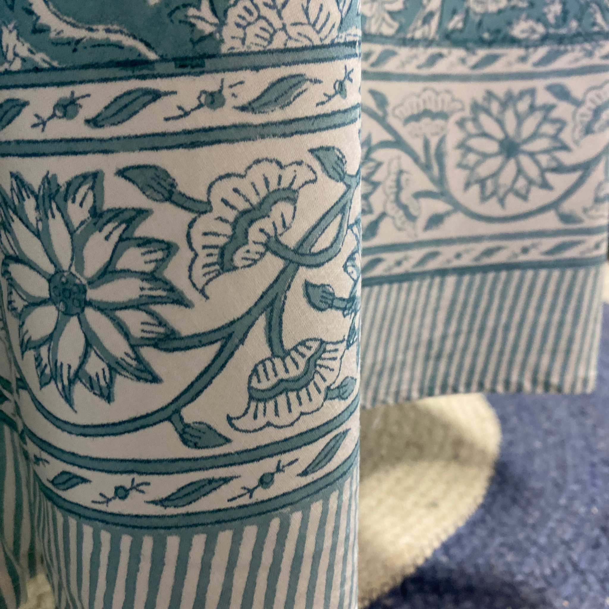 Close-up of a blue and white patterned fabric with floral designs.