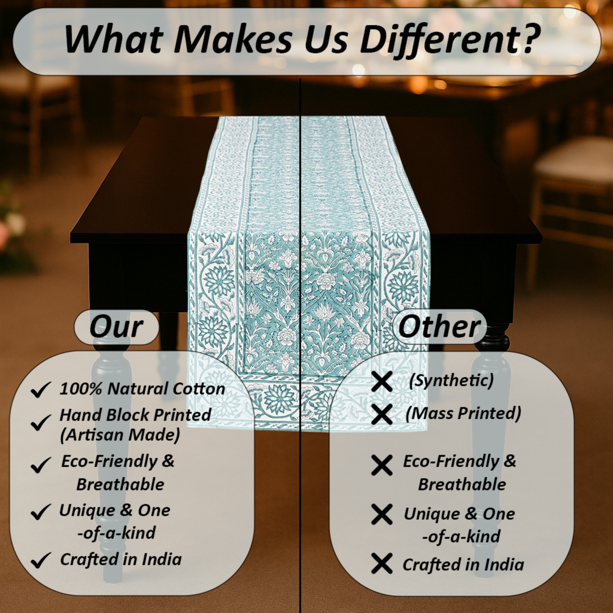 Comparison chart highlighting the differences between a product made with 100% natural cotton and other products, with a decorative tablecloth in the background.