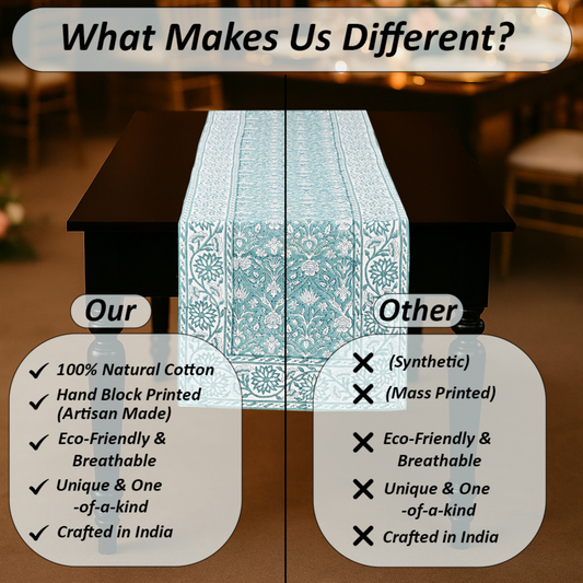 Comparison chart highlighting the differences between a product made with 100% natural cotton and other products, with a decorative tablecloth in the background.