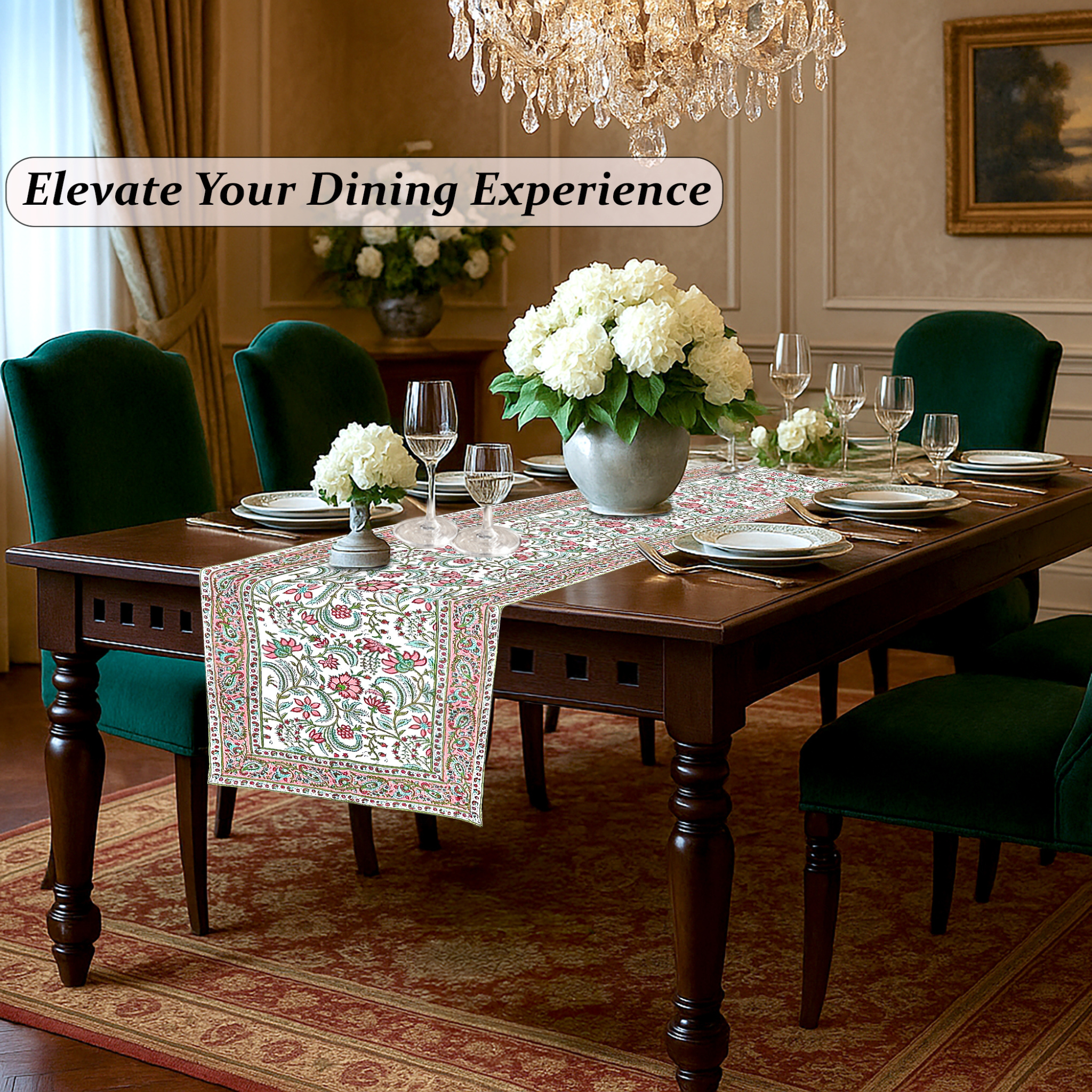 Dining room with a table set for dinner, floral centerpieces, and elegant decor.