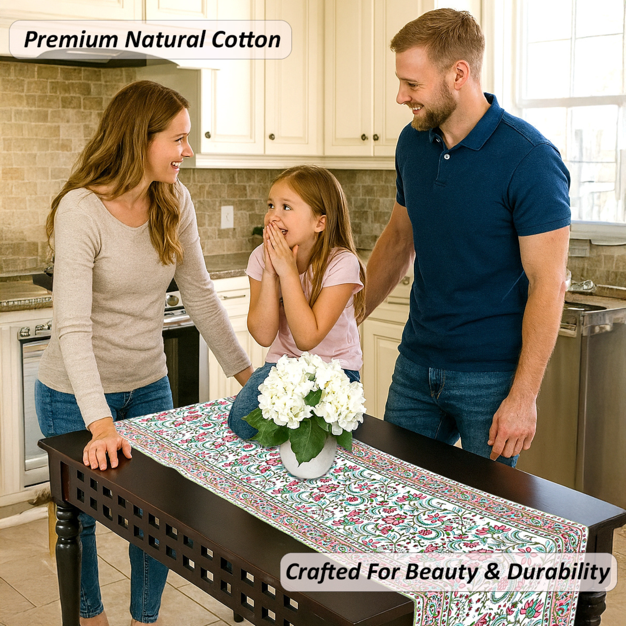 Family in a kitchen with a decorated table, featuring text about premium natural cotton.