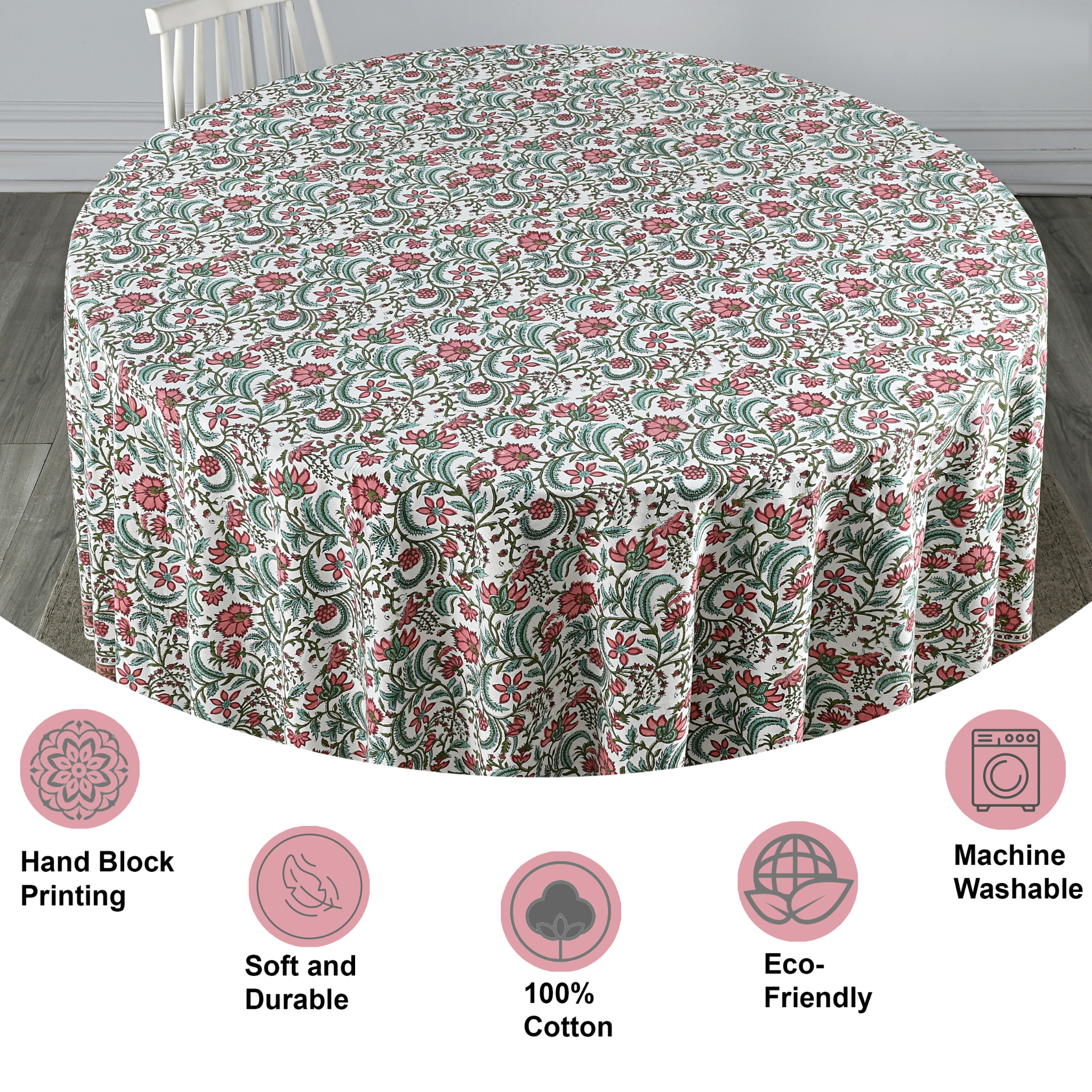 Round floral tablecloth with features listed below on a white background