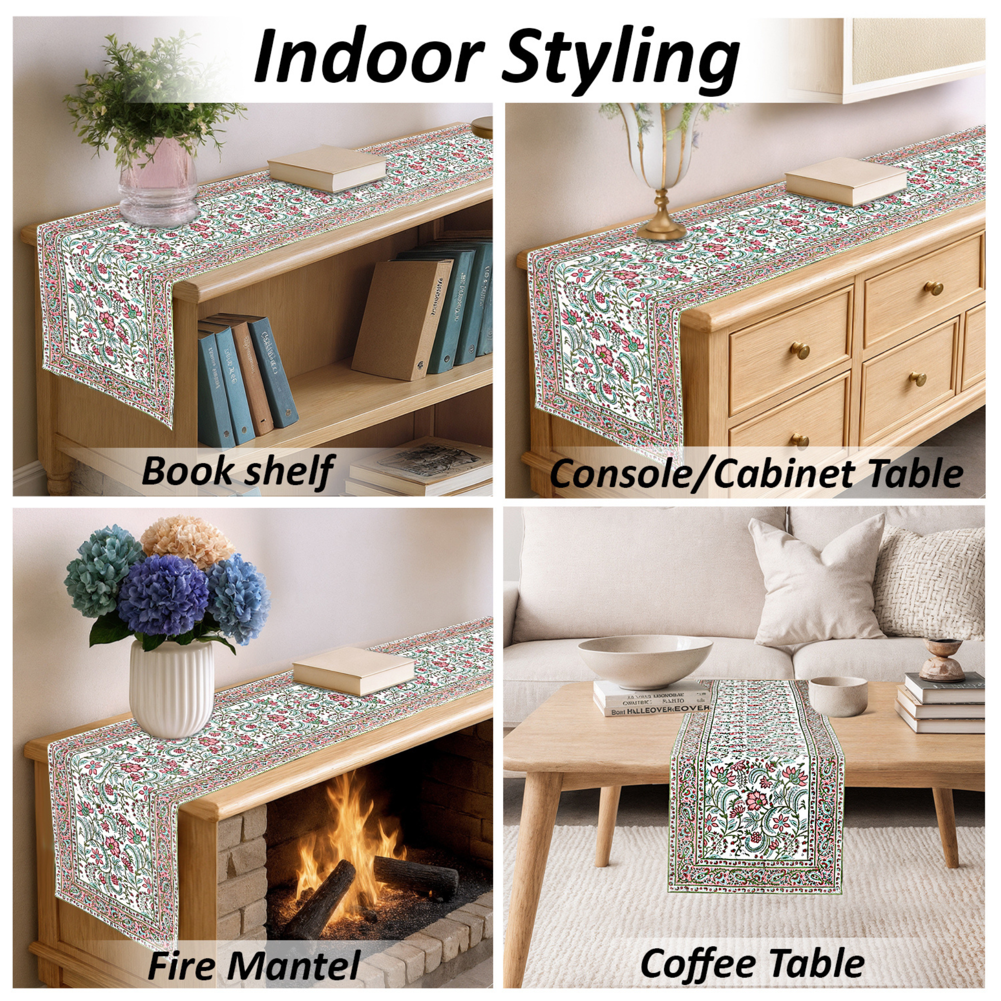 Table runner with floral pattern displayed on various furniture items including a bookshelf, console table, fire mantel, and coffee table.