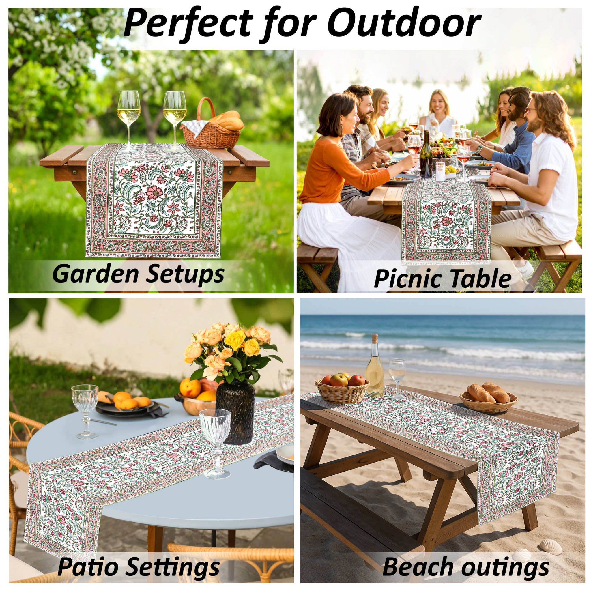 Table runner with floral pattern used in various outdoor settings including garden, picnic, patio, and beach.