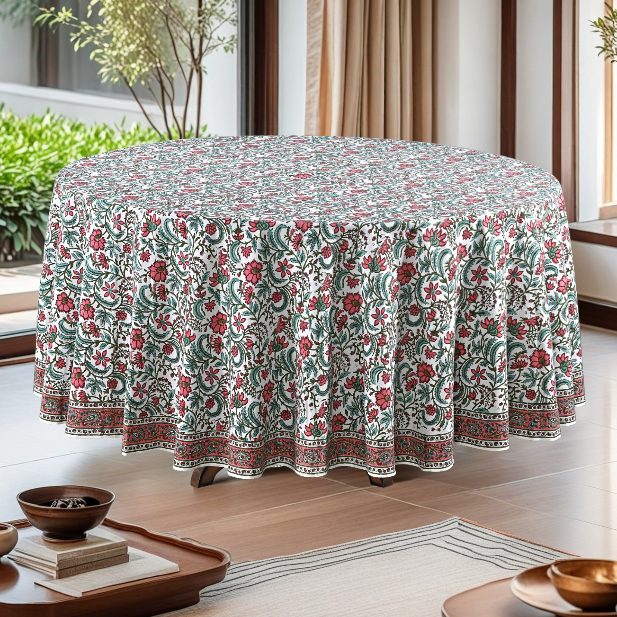 Floral patterned tablecloth on a round table in a bright room with plants and decor.
