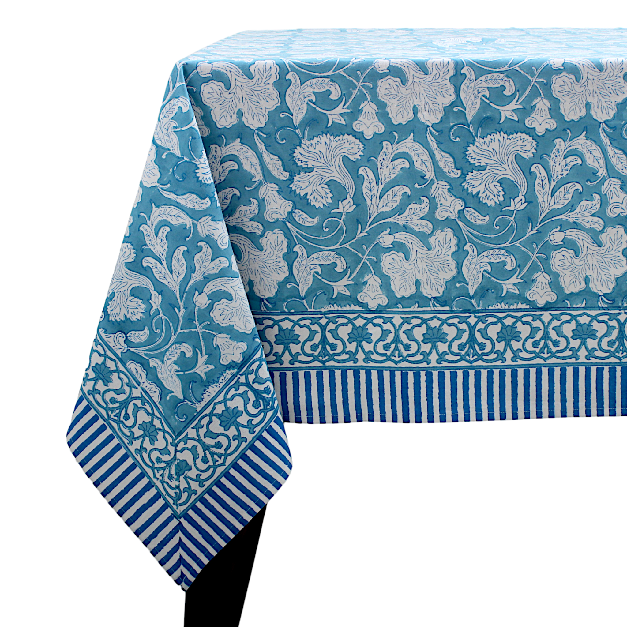 Blue floral patterned tablecloth on a white background