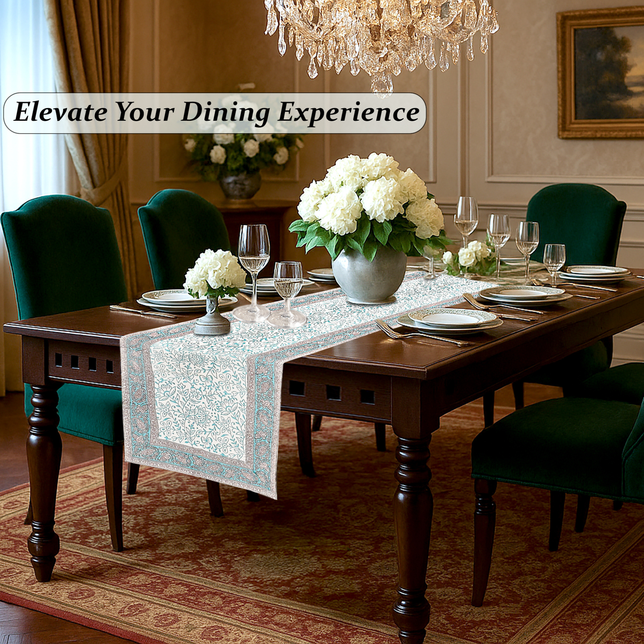 Dining room with a table set for dinner, flowers, and a chandelier.