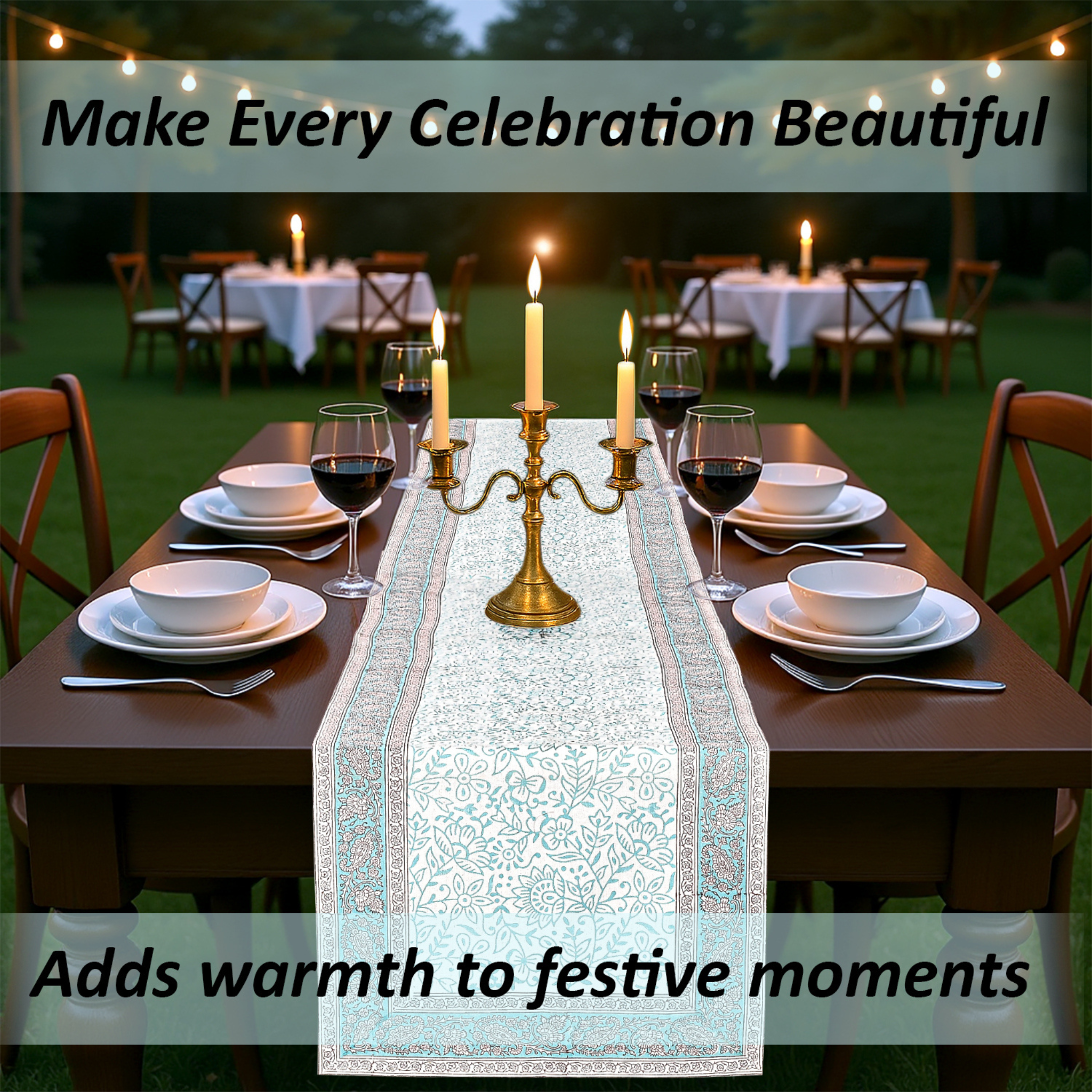 Dining table set for a celebration with candles and wine glasses, text overlay about making celebrations beautiful.