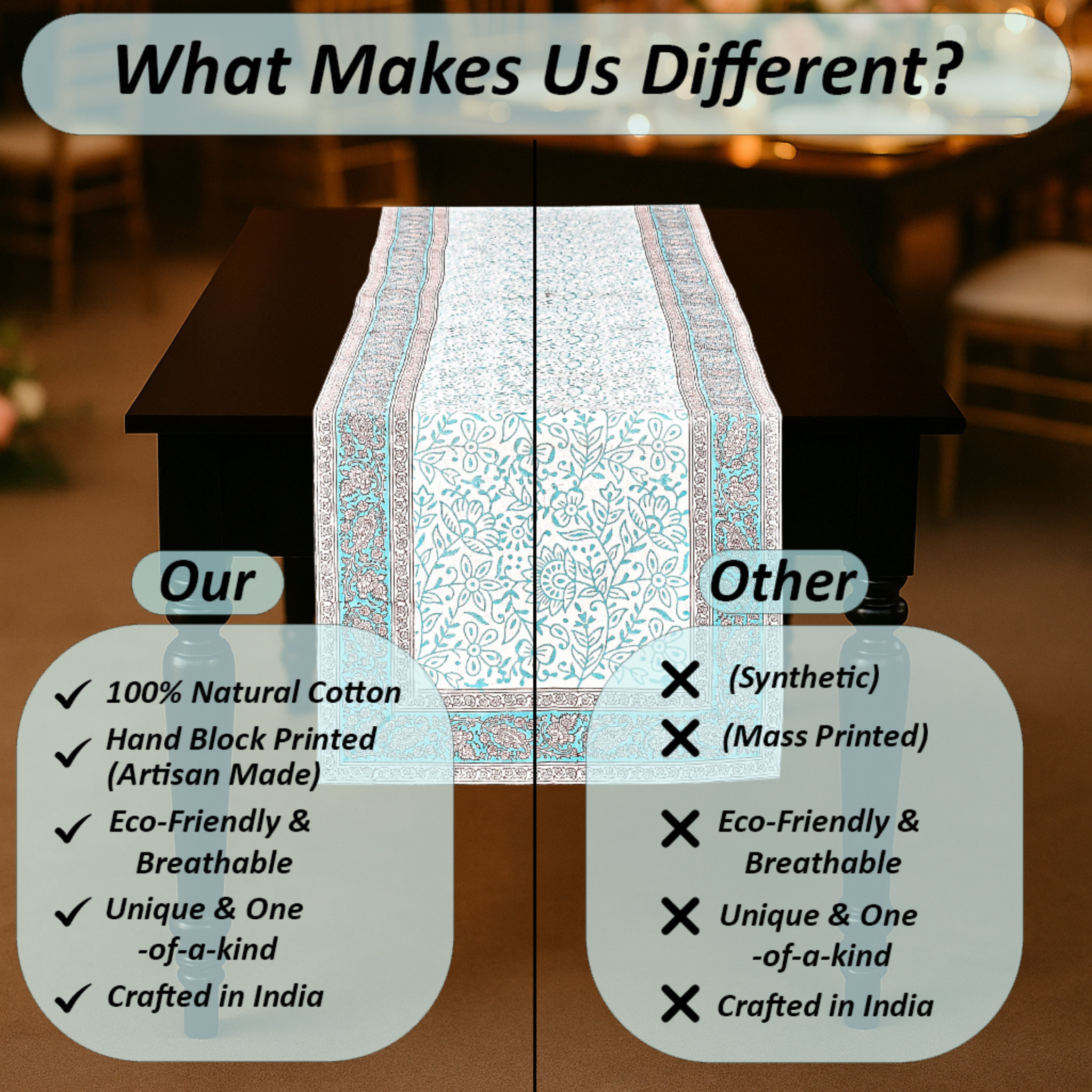 Comparison chart on a table with text highlighting the differences between 100% natural cotton and synthetic materials.