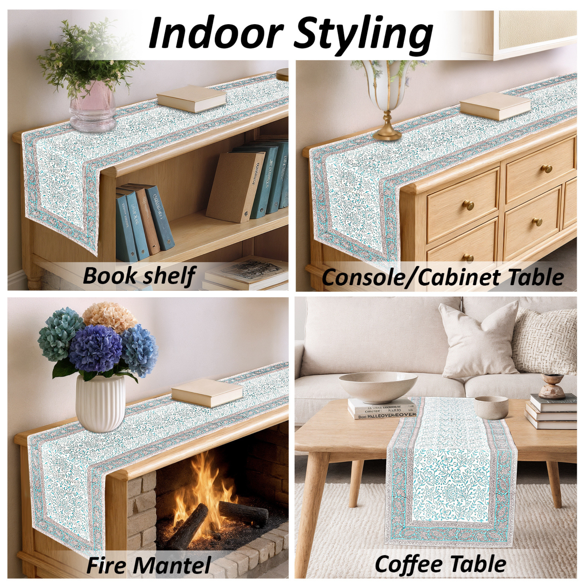 Table runner displayed on various furniture pieces with text 'Indoor Styling' at the top.