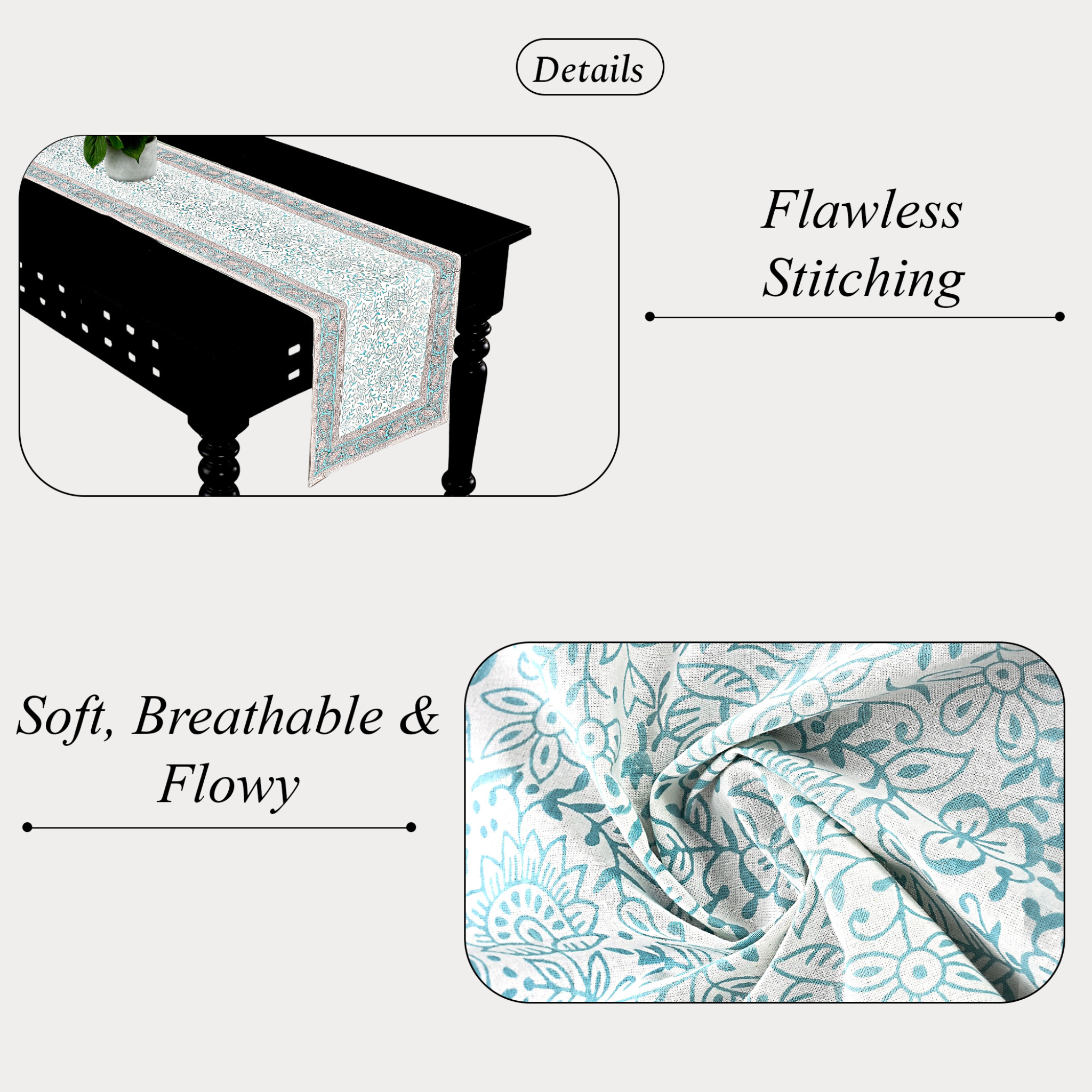 Textured table runner with floral pattern on a white background, highlighting 'Flawless Stitching' and 'Soft, Breathable & Flowy' qualities.
