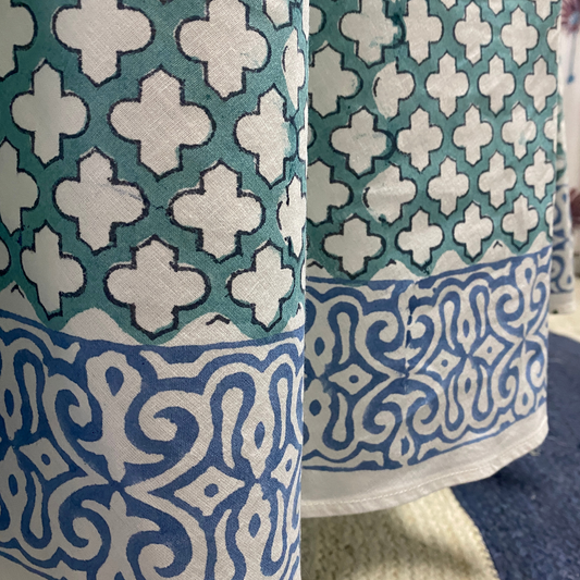 Close-up of blue and white patterned fabric