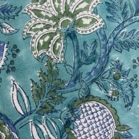 Close-up of a floral pattern with blue, green, and white colors on a teal background.