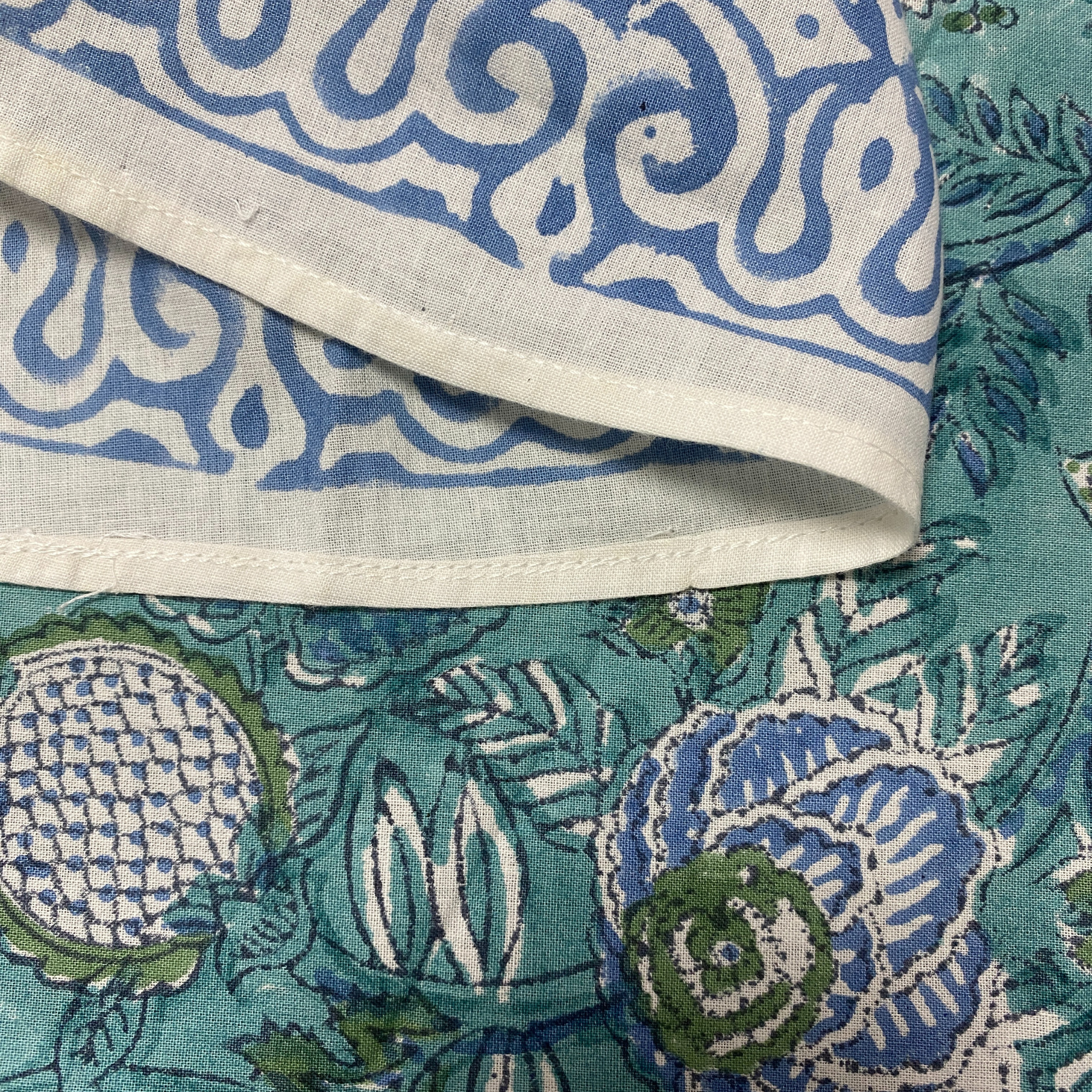 Close-up of blue and white patterned fabric