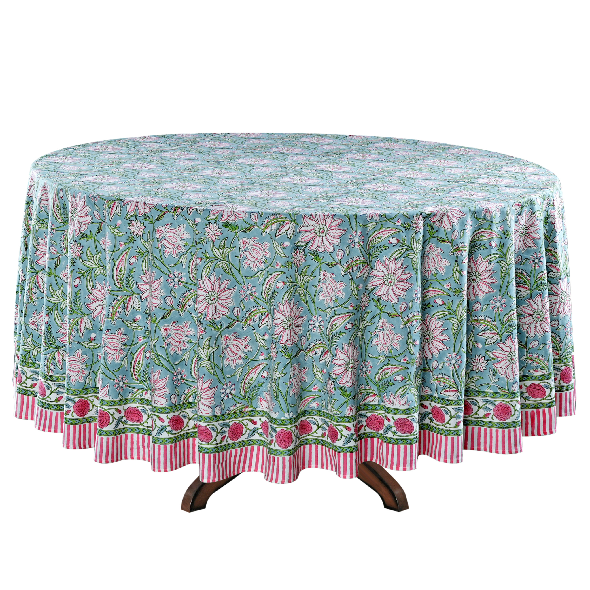 Floral patterned tablecloth on a round table with a white background