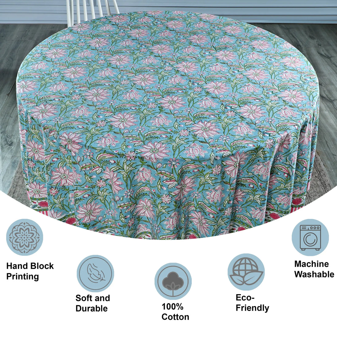 Floral patterned tablecloth on a round table with product features displayed below.