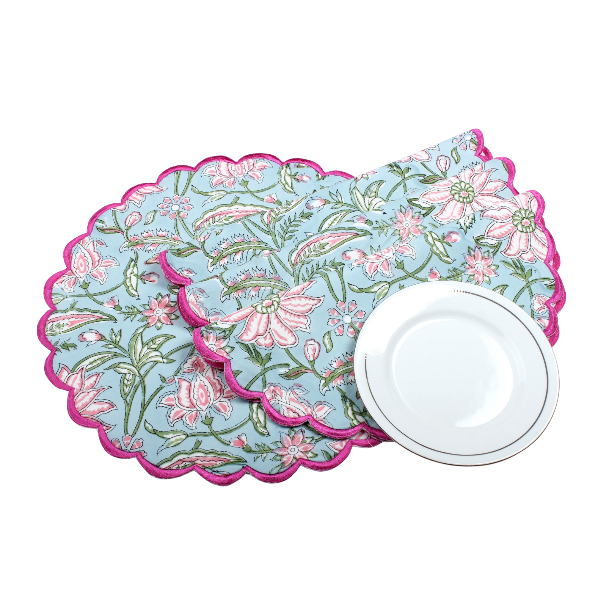 Floral placemats with pink and green design on a white background