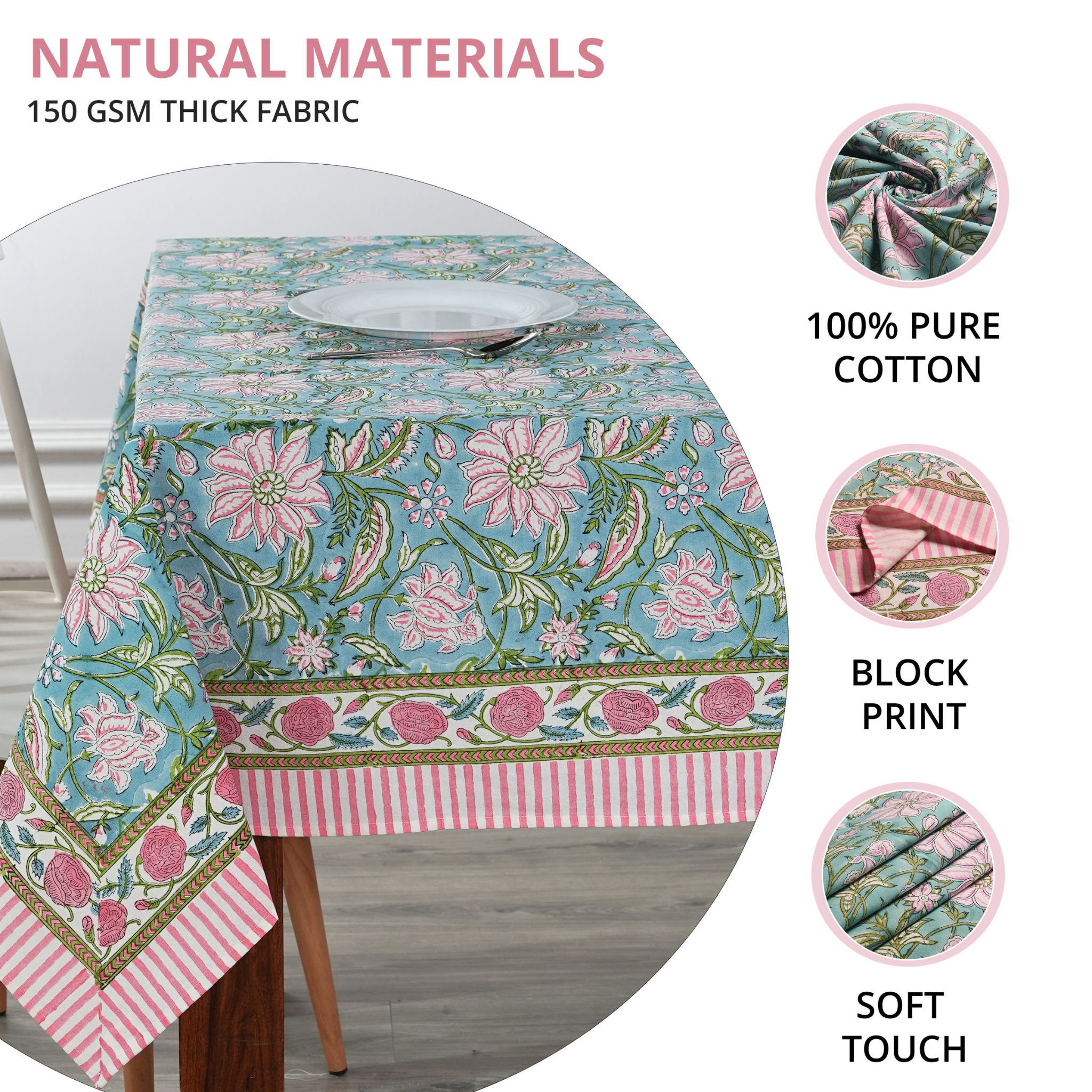 Floral patterned tablecloth on a table with text highlighting material properties.