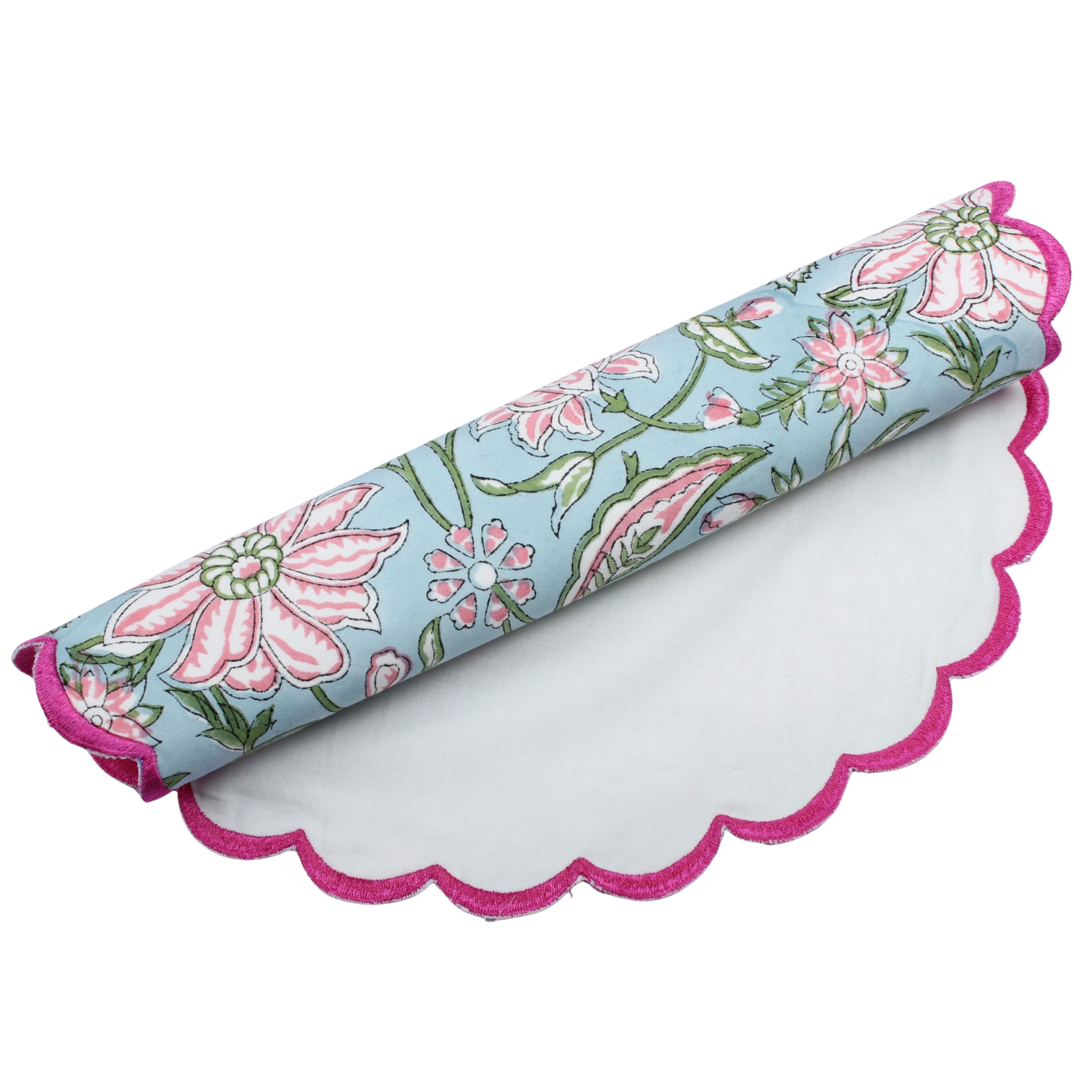 Floral-patterned mat with pink scalloped edge on a white background