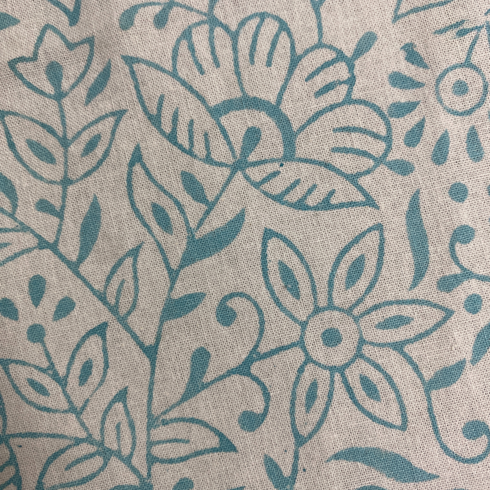 Textile pattern with blue flowers and leaves on a beige background