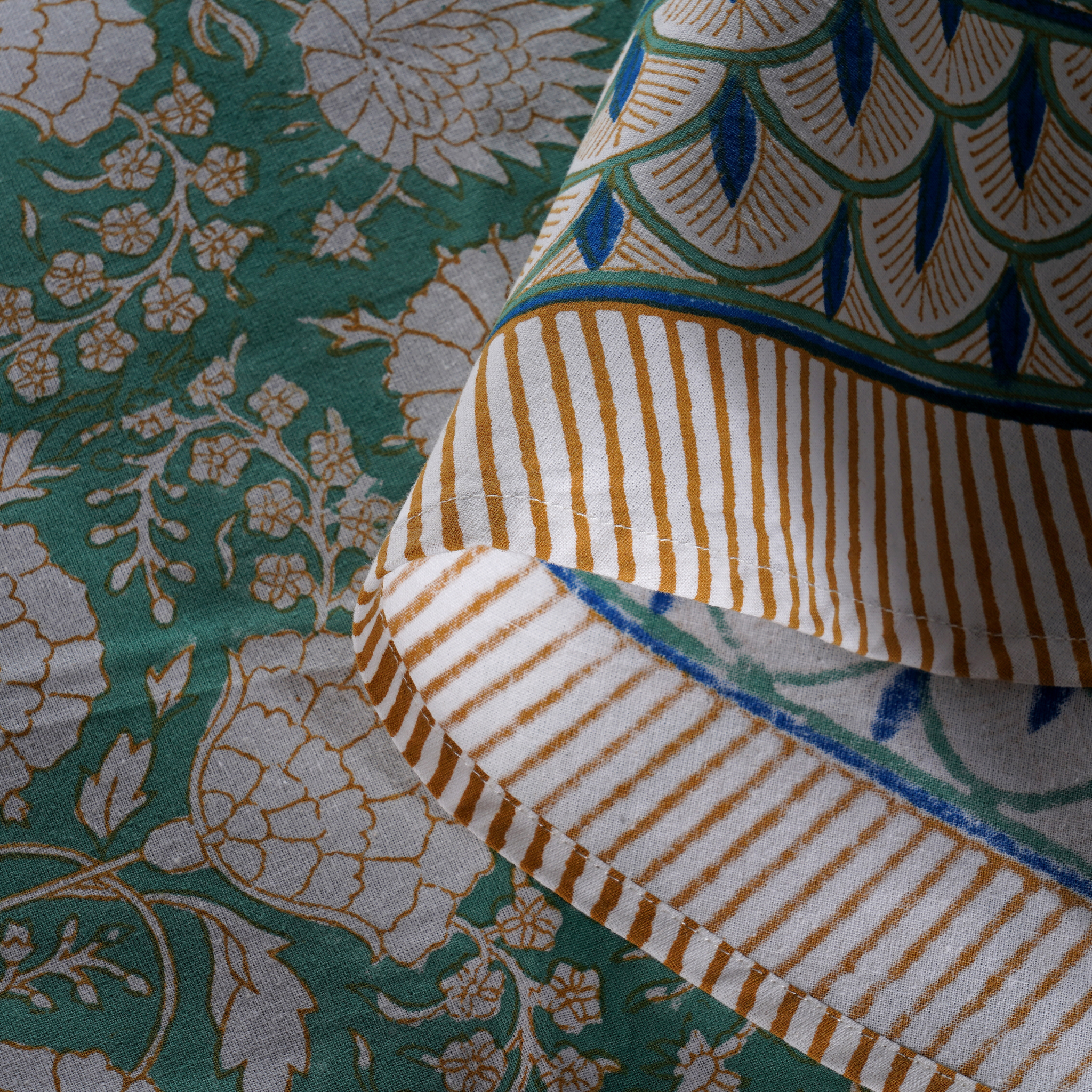 Close-up of patterned fabric with floral and striped designs.