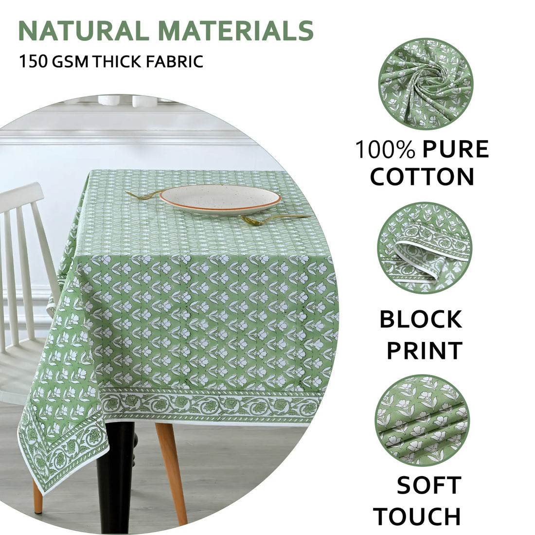 Green patterned tablecloth on a table with text highlighting natural materials and fabric details.