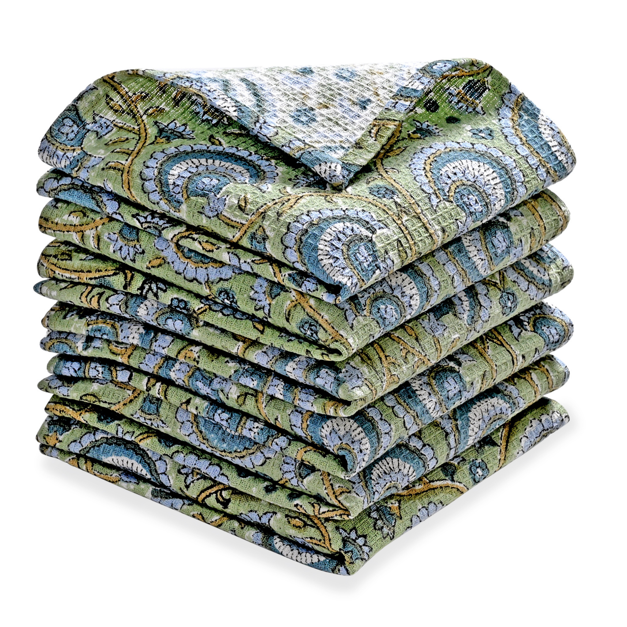 Stack of folded paisley-patterned blankets on a white background