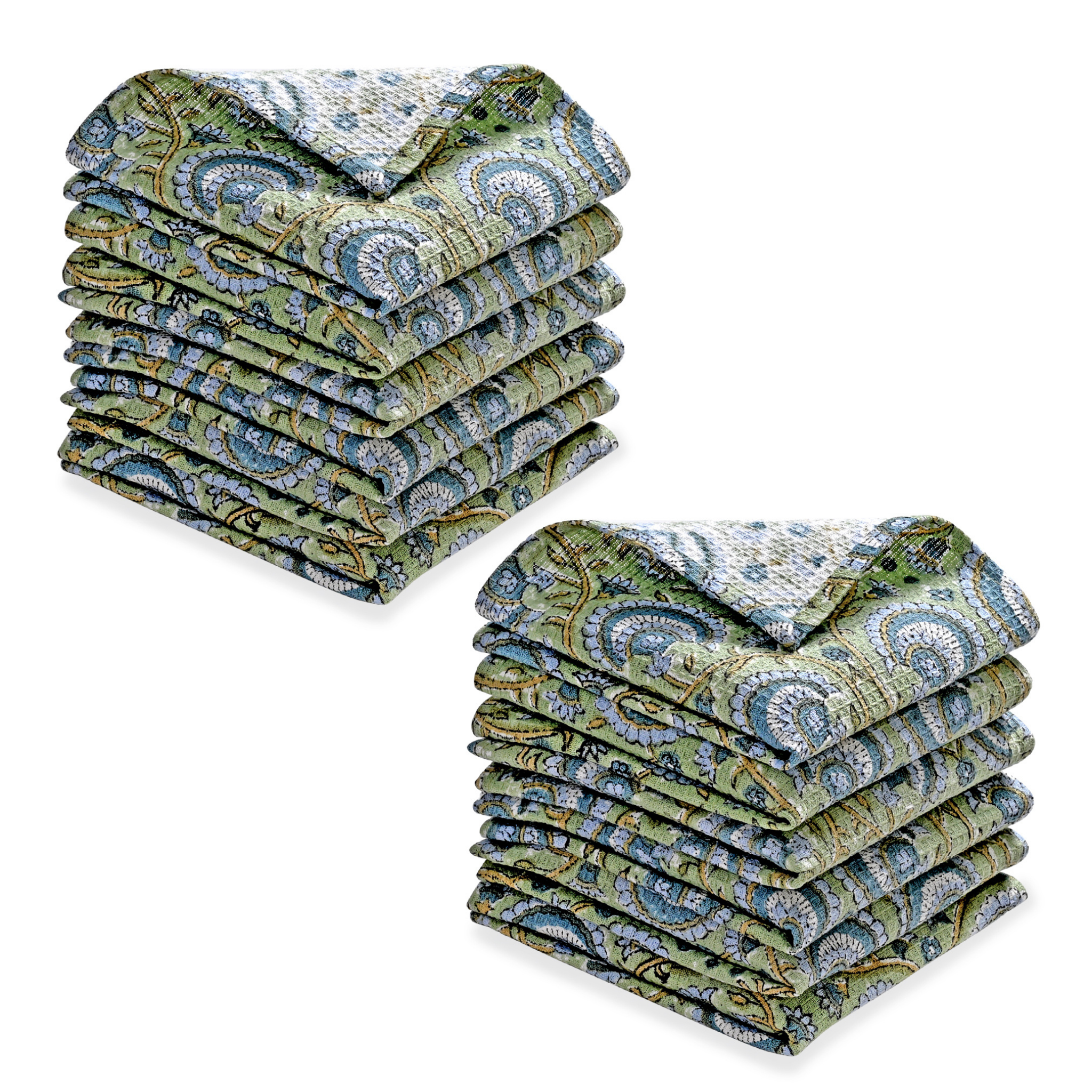 Stack of green and blue patterned folded towels on a white background