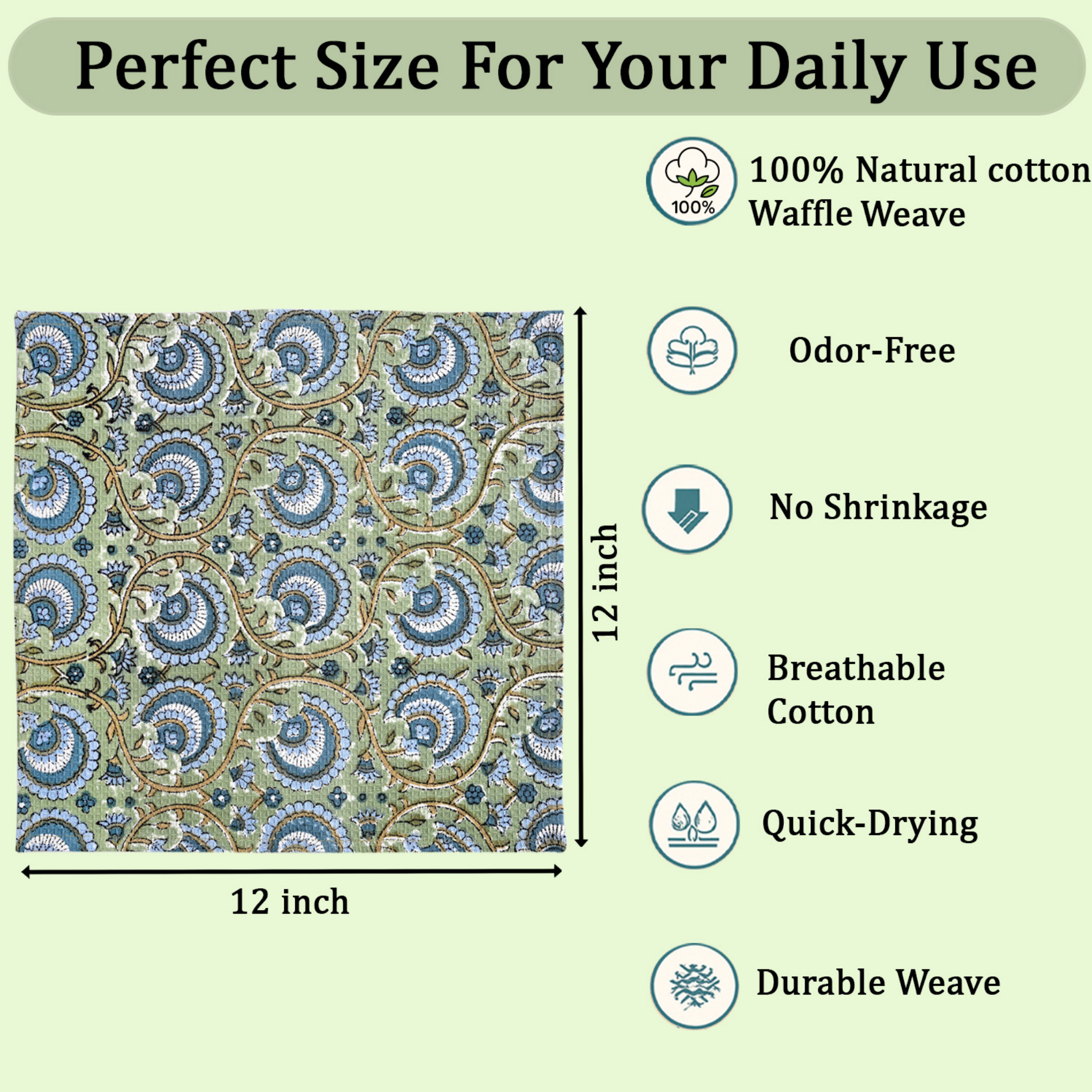 Patterned fabric with product features and dimensions on a green background