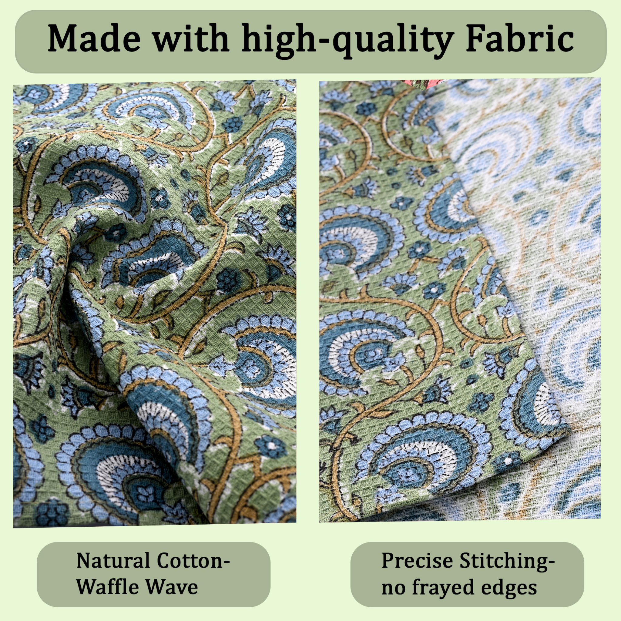 High-quality fabric with paisley pattern and text highlighting natural cotton and precise stitching.
