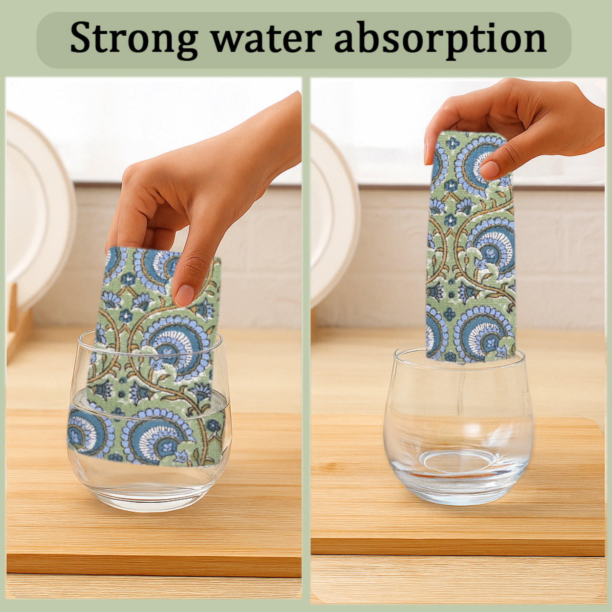 Hand holding a floral-patterned card over a glass of water with text 'Strong water absorption'.