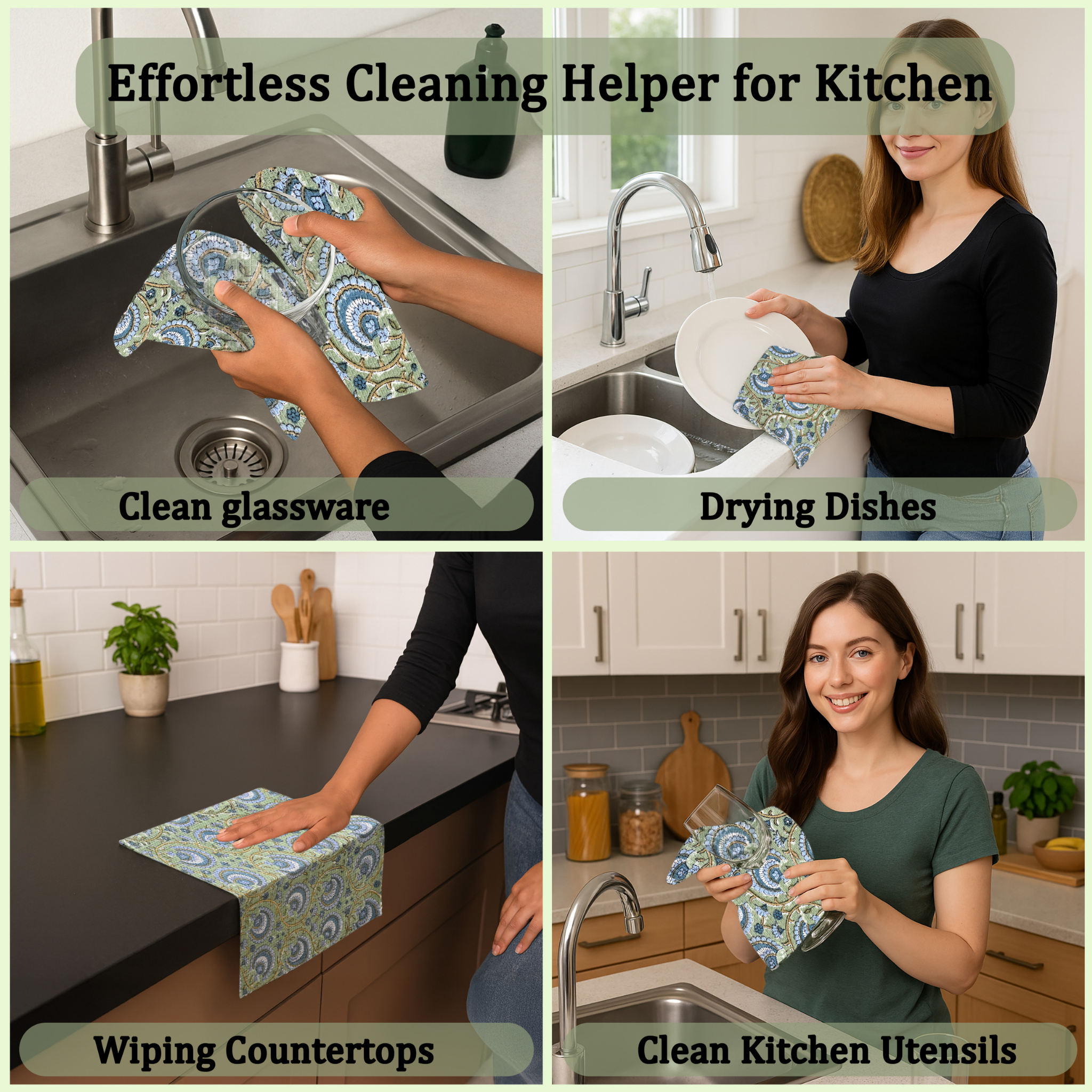 Woman using a cloth to clean glassware, dry dishes, wipe countertops, and clean kitchen utensils in a kitchen setting.