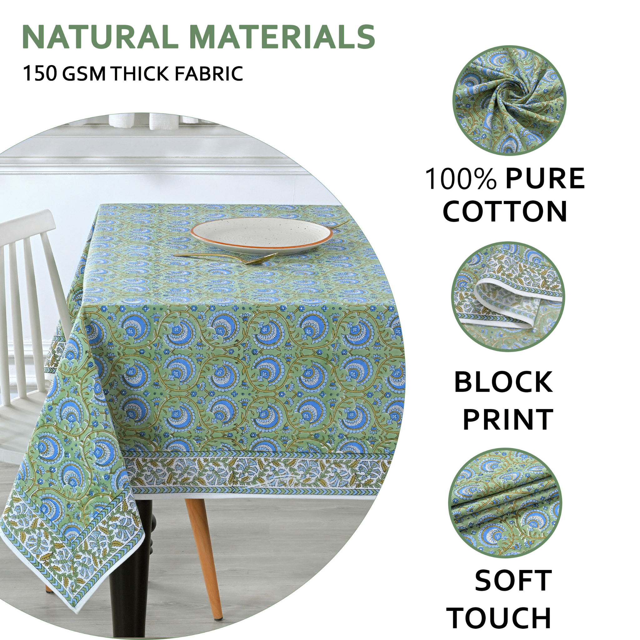 Tablecloth with green and blue pattern on a table, featuring text about natural materials and fabric properties.