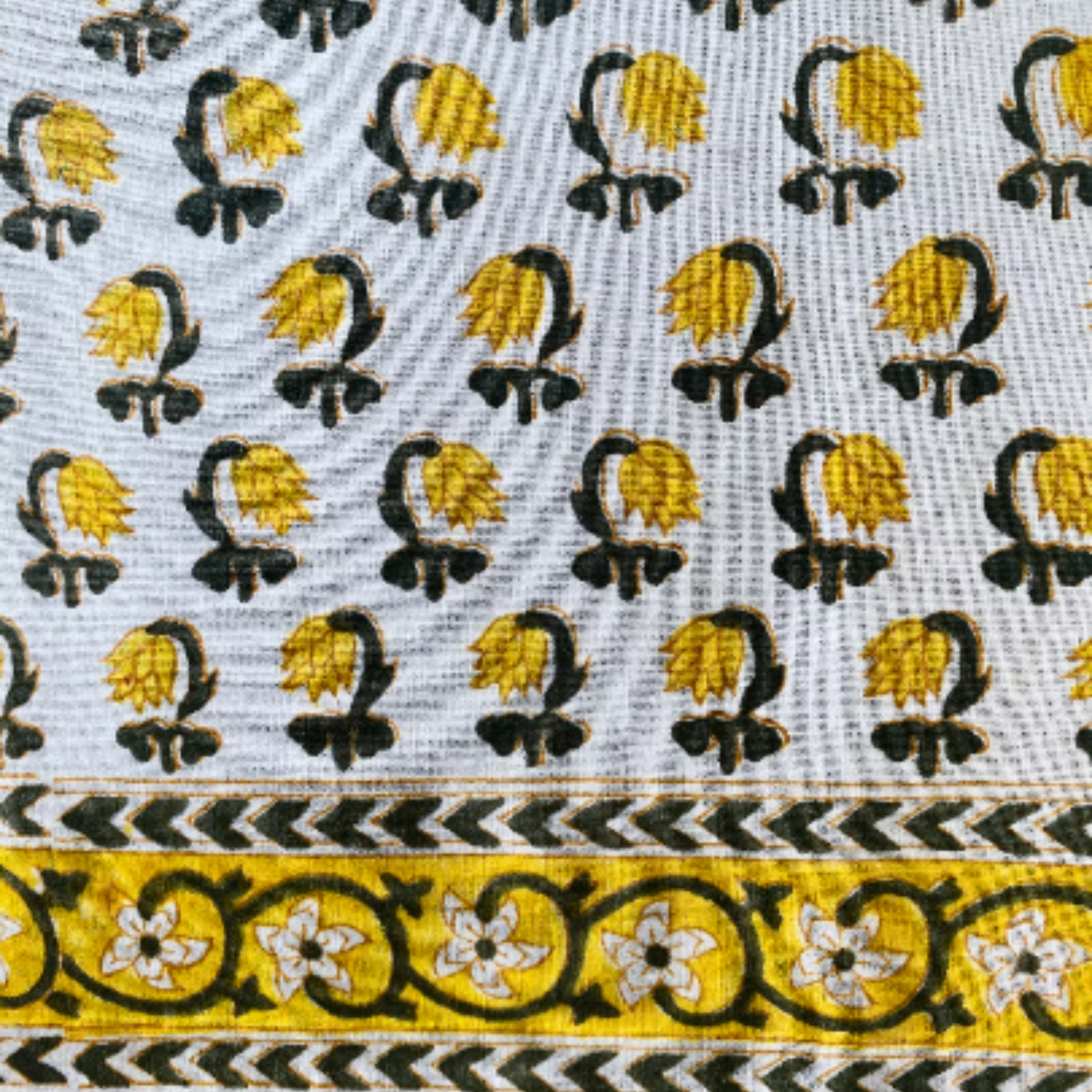 Close-up of a fabric with yellow, black, and white patterns