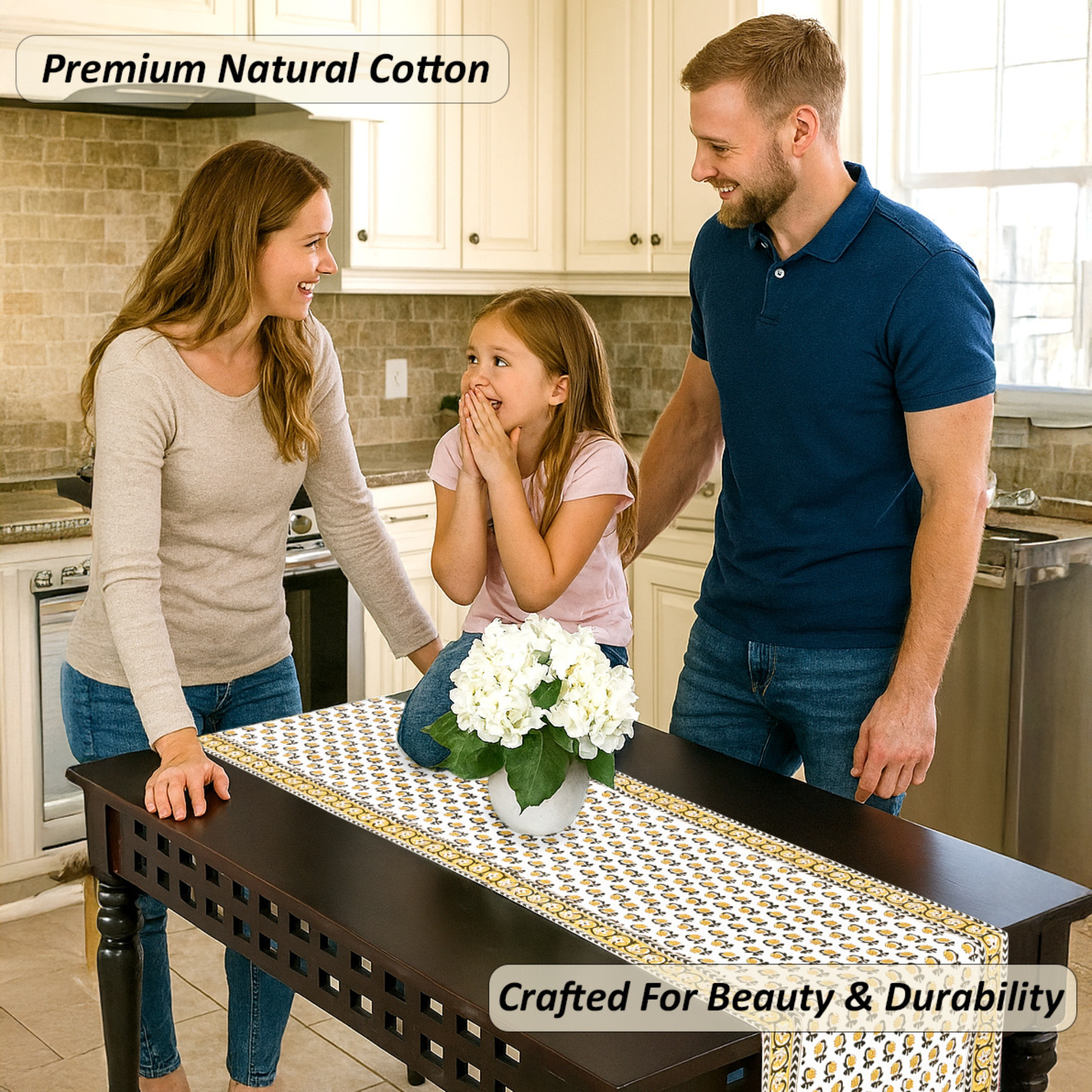 Family in a kitchen with a table runner featuring premium natural cotton.
