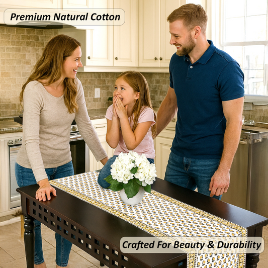 Family in a kitchen with a table runner featuring premium natural cotton.