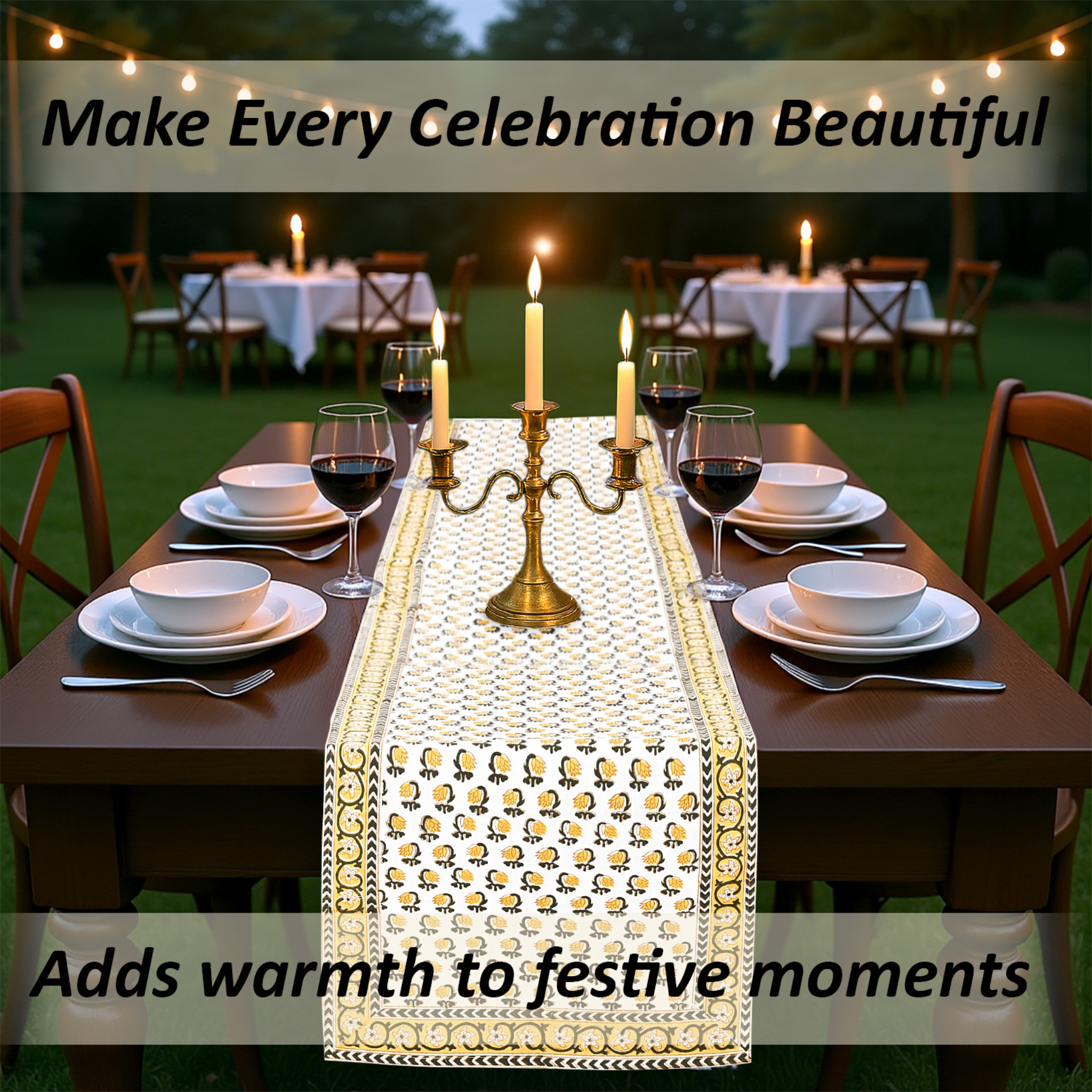 Dining table set for a celebration with candles and a decorative table runner, text overlay about making celebrations beautiful.