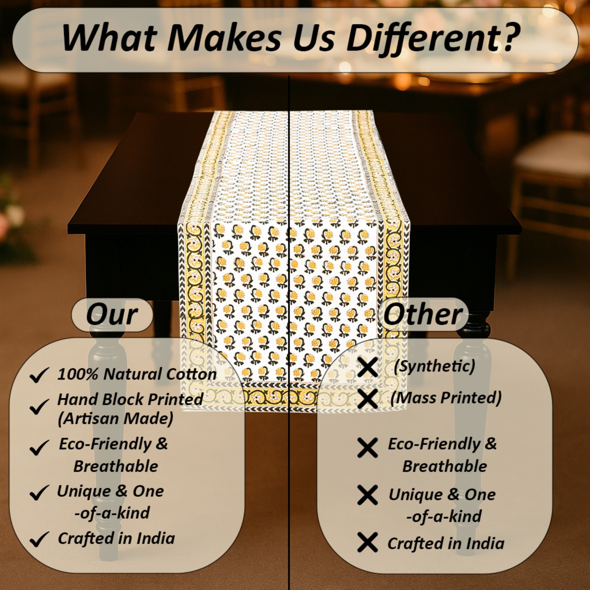 Comparison chart highlighting the differences between 100% natural cotton table runners and synthetic ones, with a focus on hand block printing and eco-friendliness.