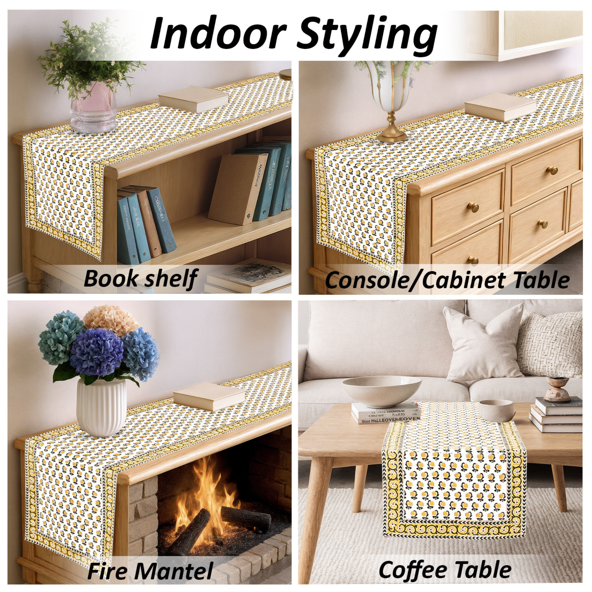 Table runner displayed on various furniture pieces with text 'Indoor Styling' above.