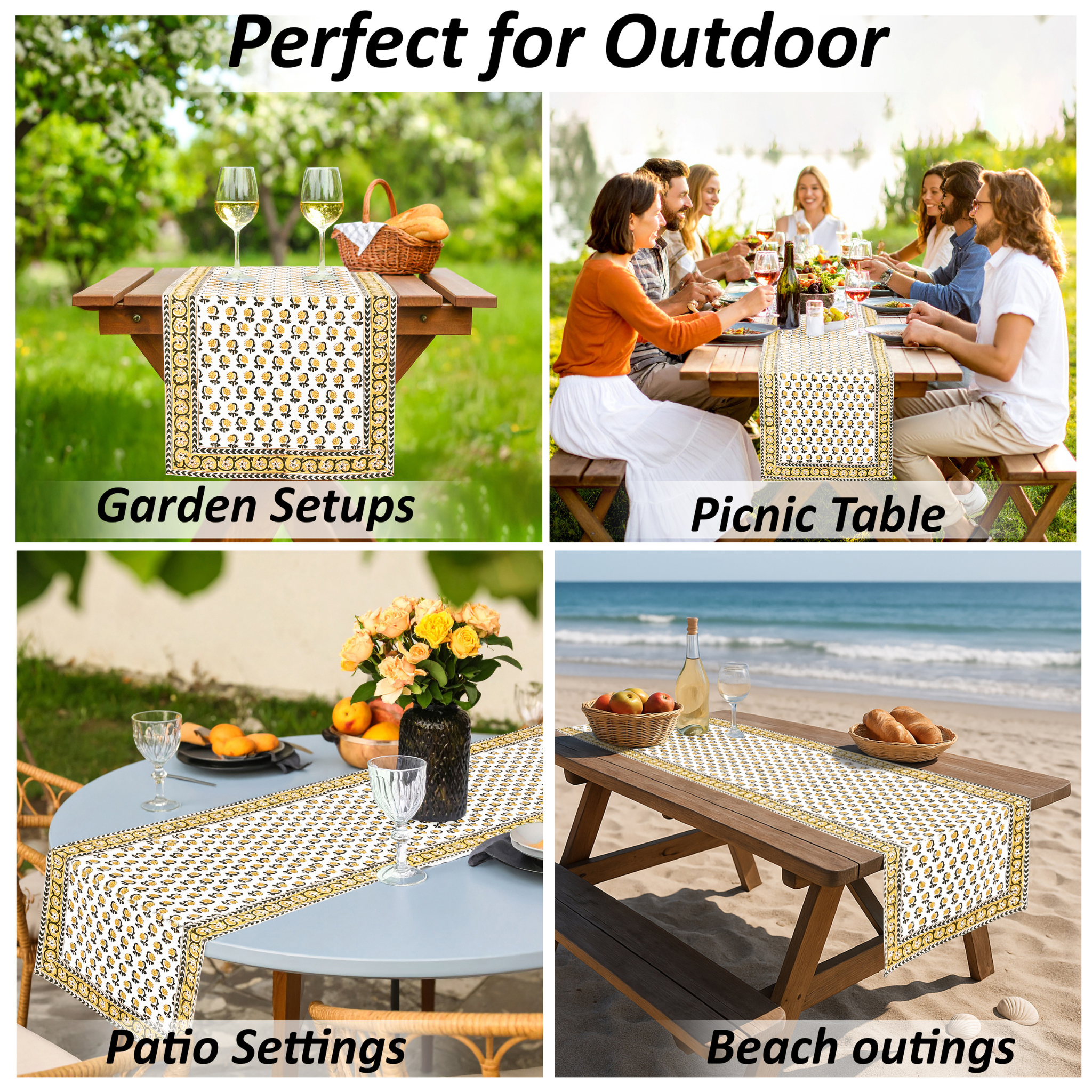 Table runner with decorative pattern used in various outdoor settings including garden, picnic, patio, and beach.