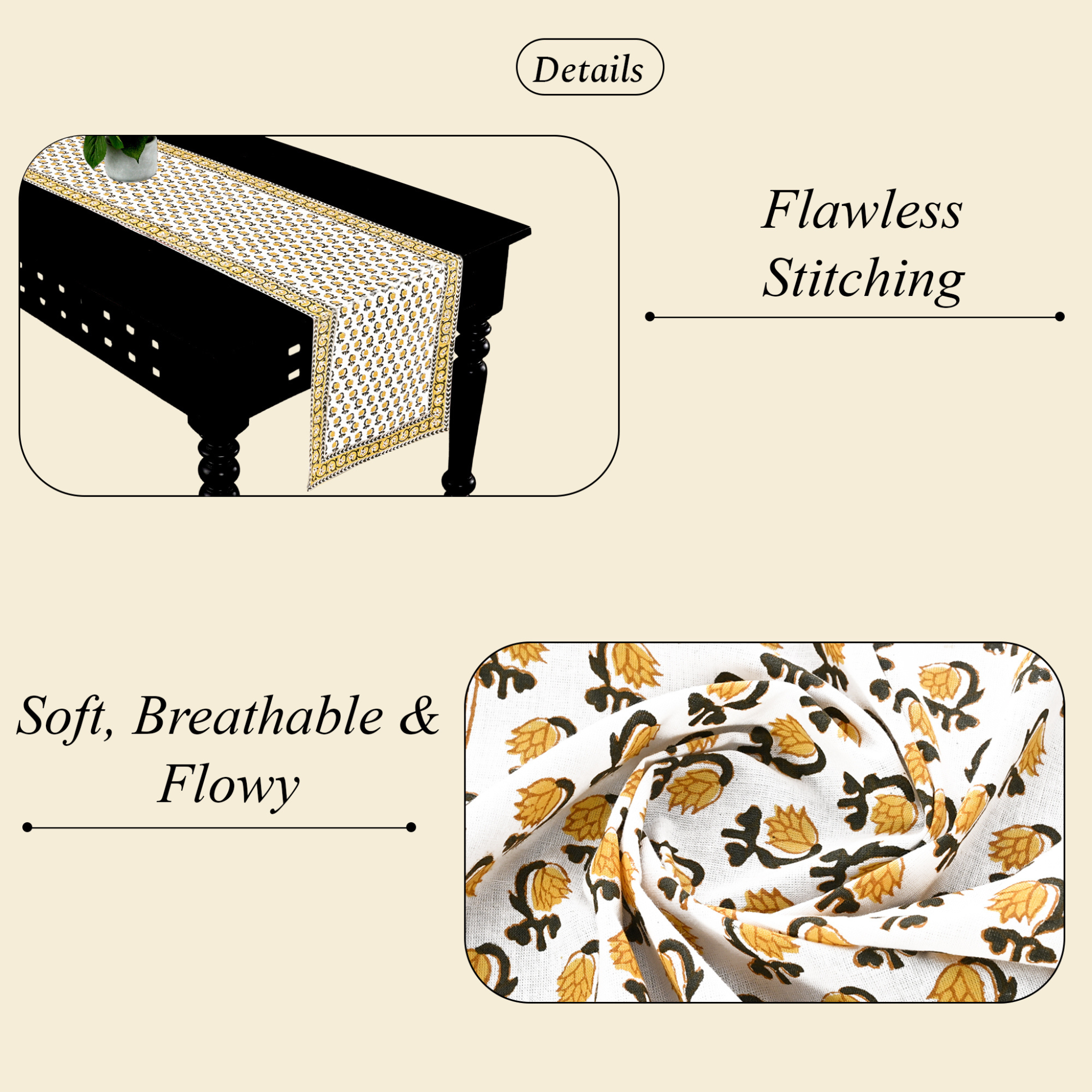 Textured fabric with floral pattern on a beige background, highlighting 'Flawless Stitching' and 'Soft, Breathable & Flowy' qualities.