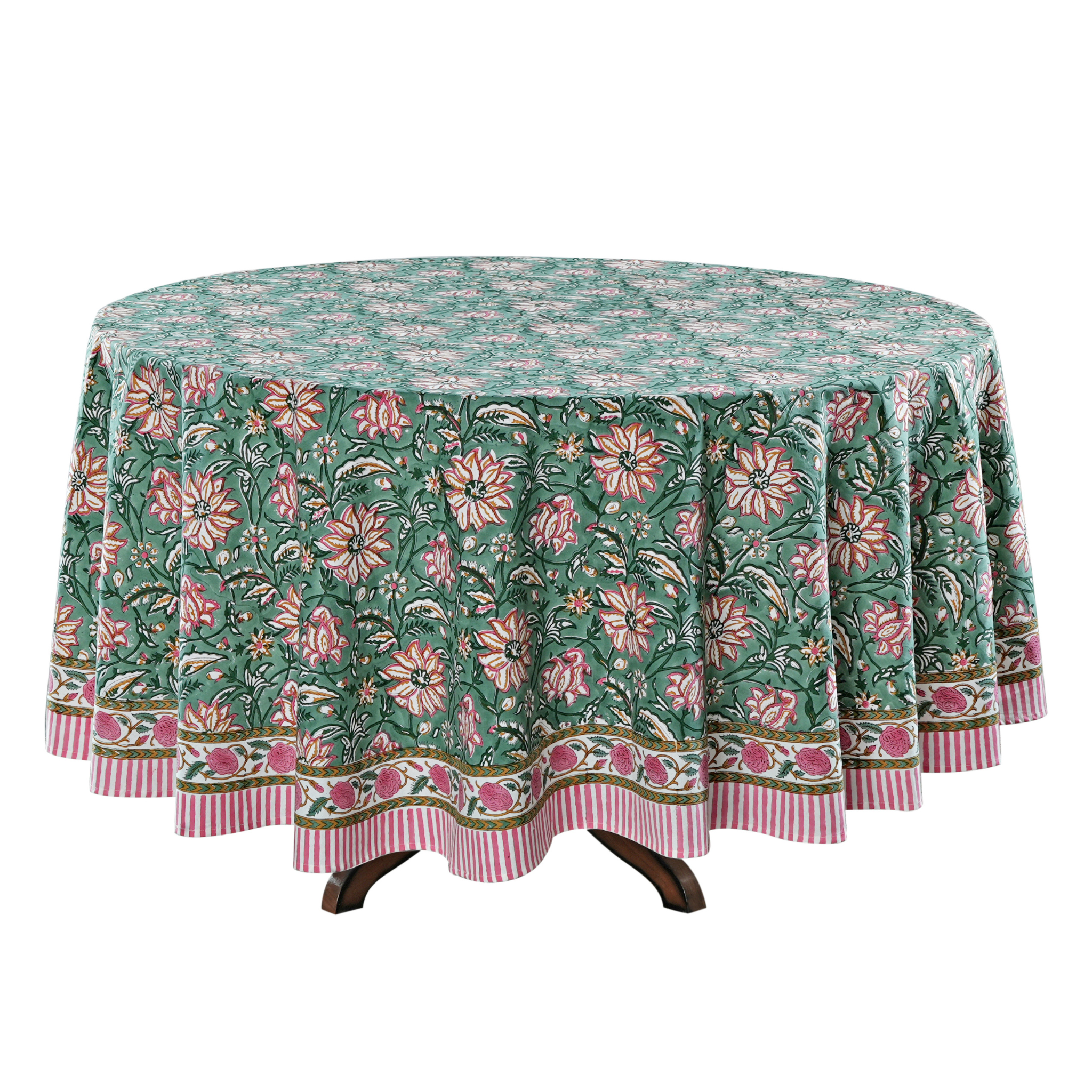 Floral patterned tablecloth on a round table with a white background