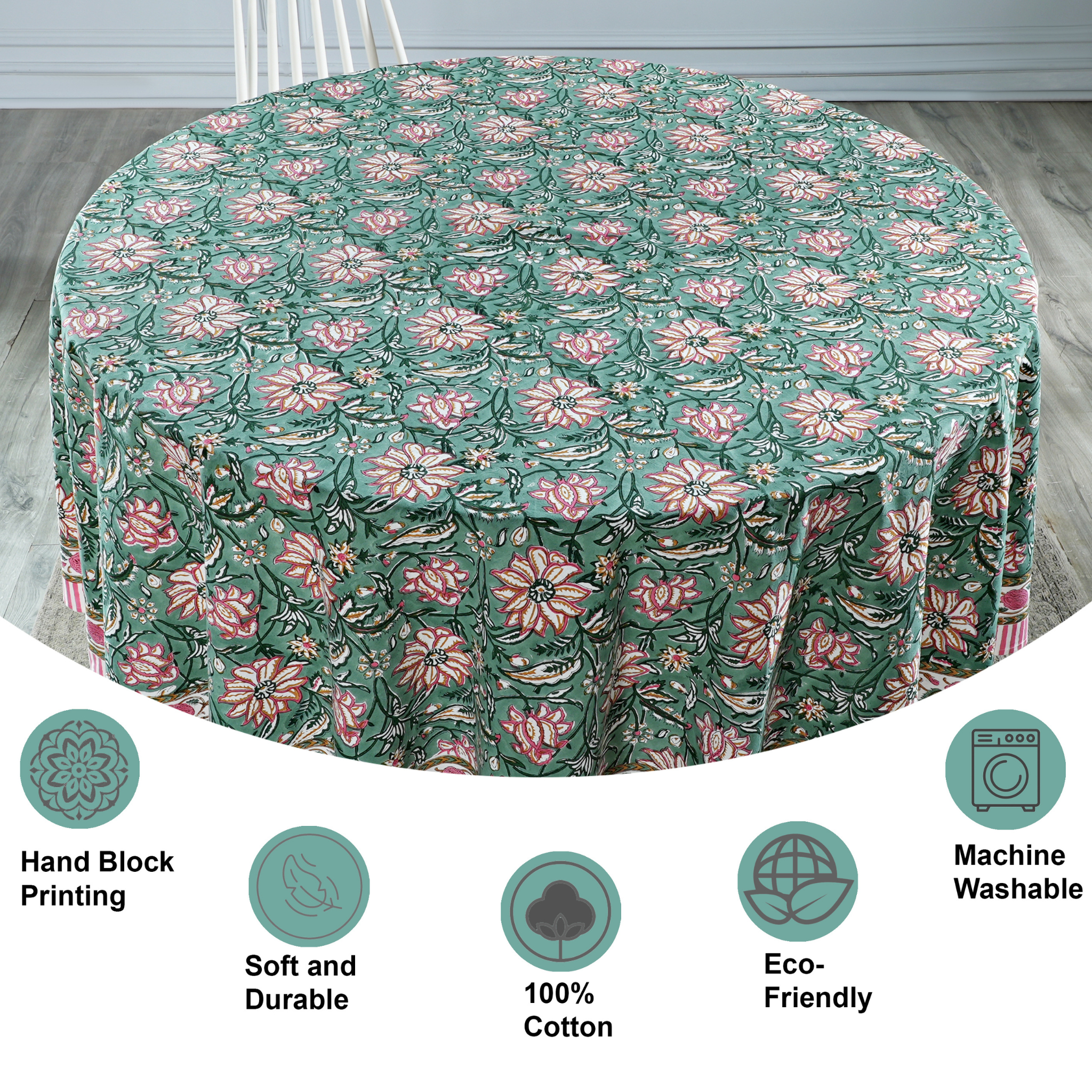 Floral patterned tablecloth on a round table with features listed below.