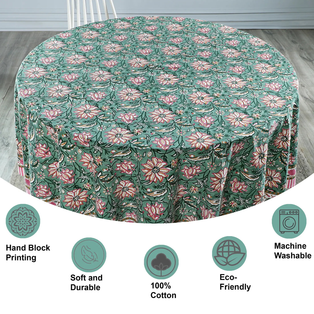 Floral patterned tablecloth on a round table with features listed below.