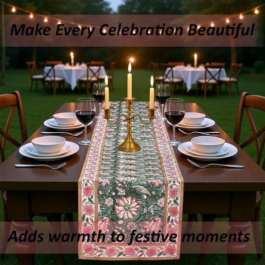 Decorative table runner on a set dining table with candles and wine glasses, outdoor setting.