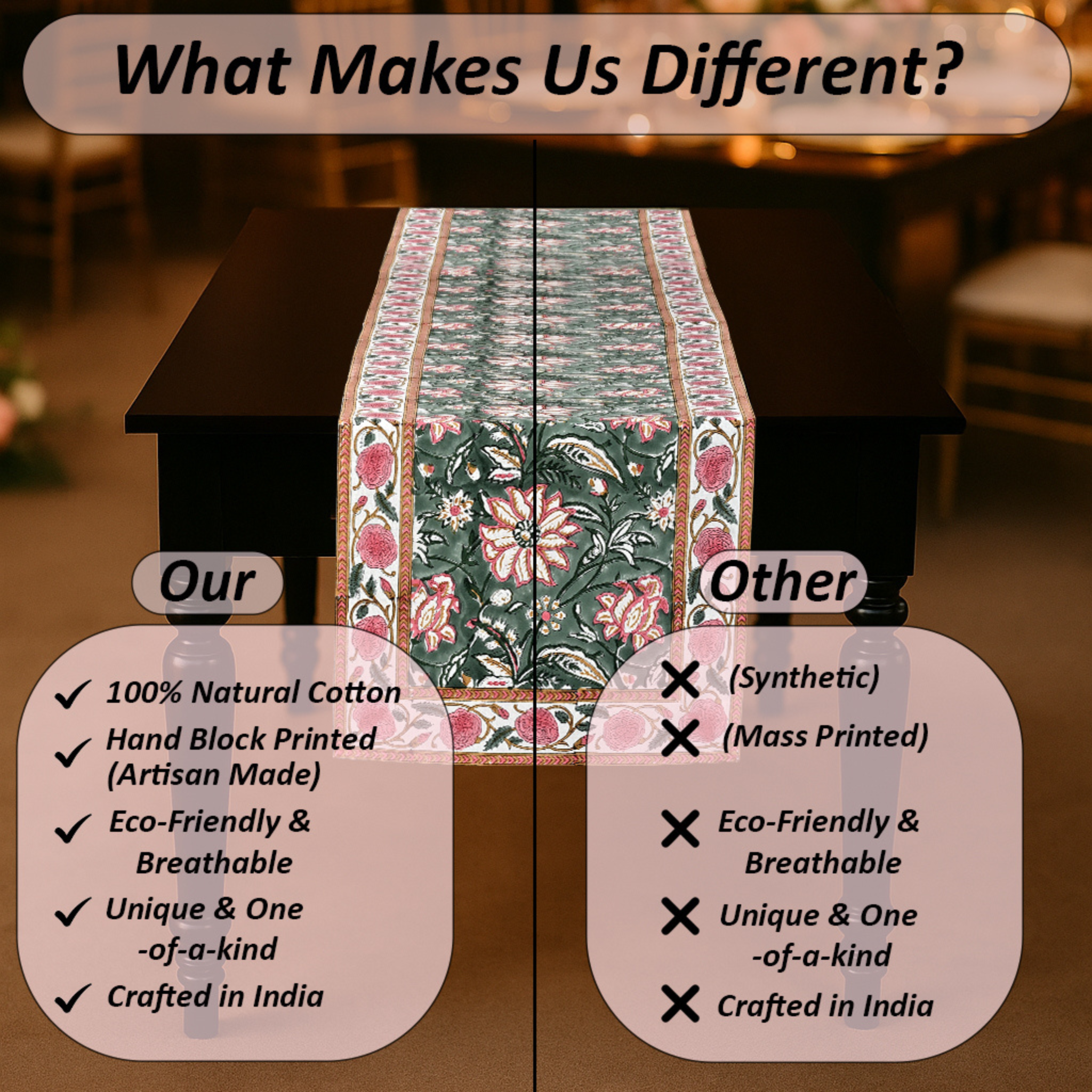 Table runner with floral design on a table, comparing 'Our' product to 'Other' products.