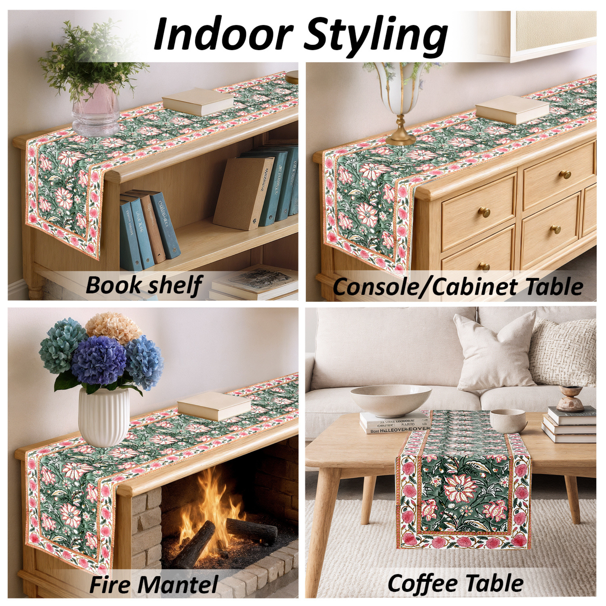 Floral table runner displayed on various furniture pieces with text 'Indoor Styling'.