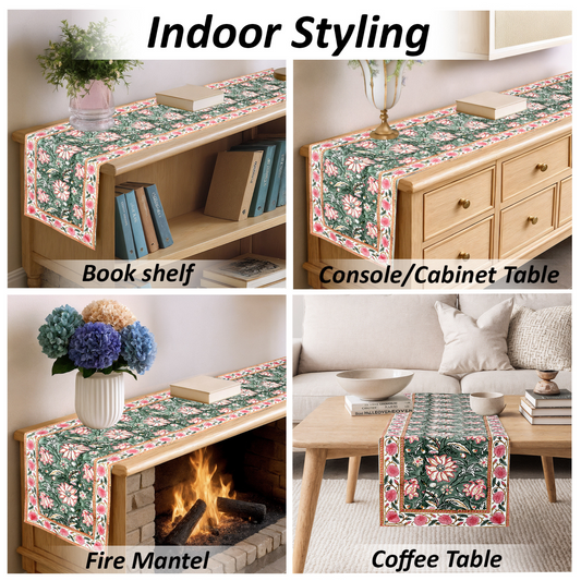 Floral table runner displayed on various furniture pieces with text 'Indoor Styling'.