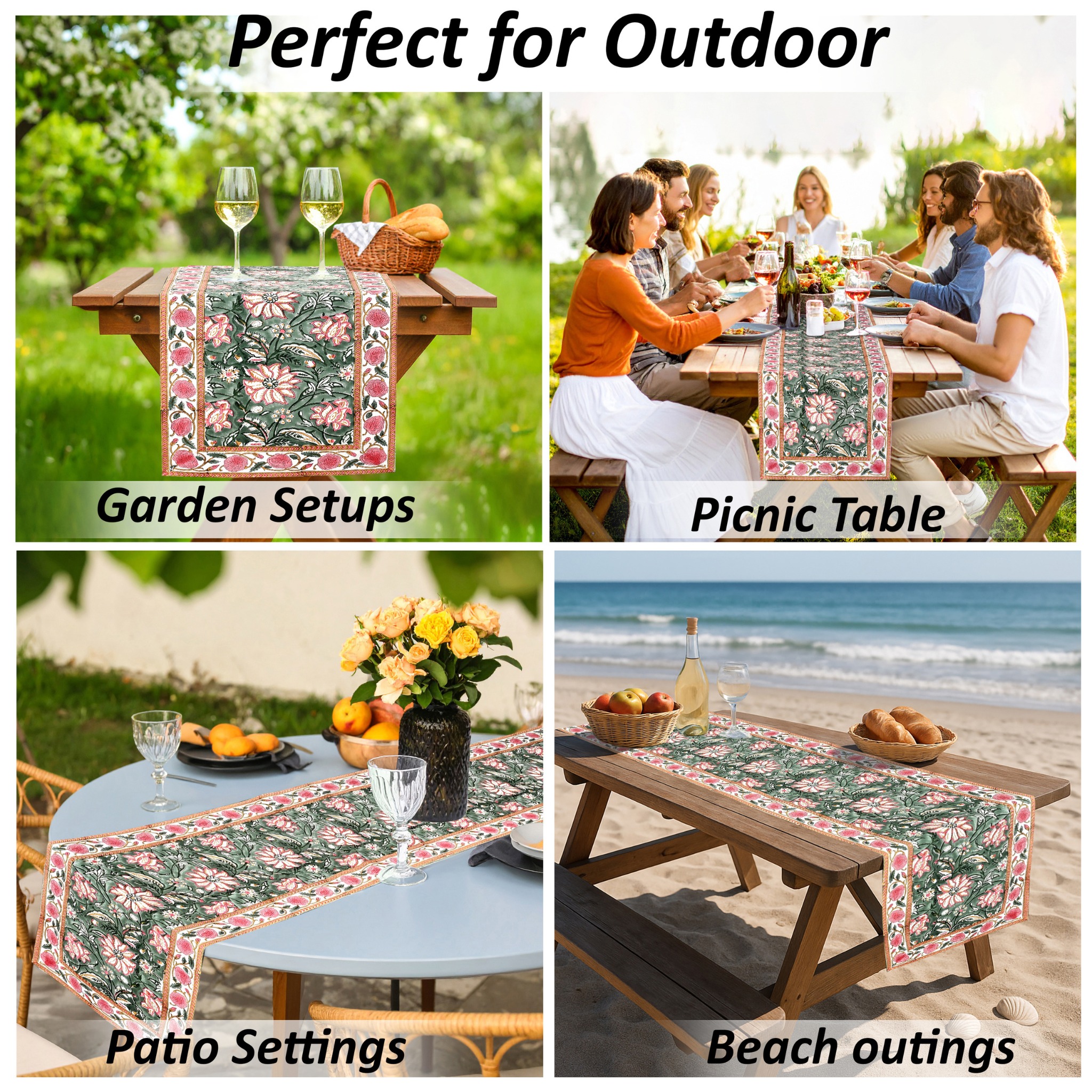 Table runner with floral design used in various outdoor settings including garden, picnic, patio, and beach.